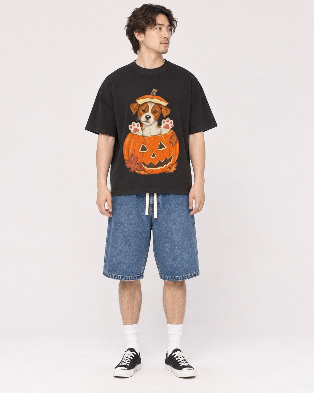 Mockup Boxy Heavyweight Tee Black male full-body 03