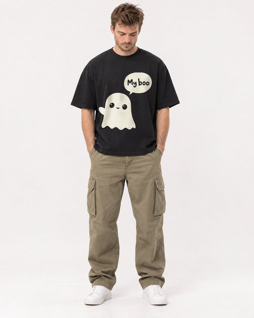 Mockup Boxy Heavyweight Tee Black male full-body 08