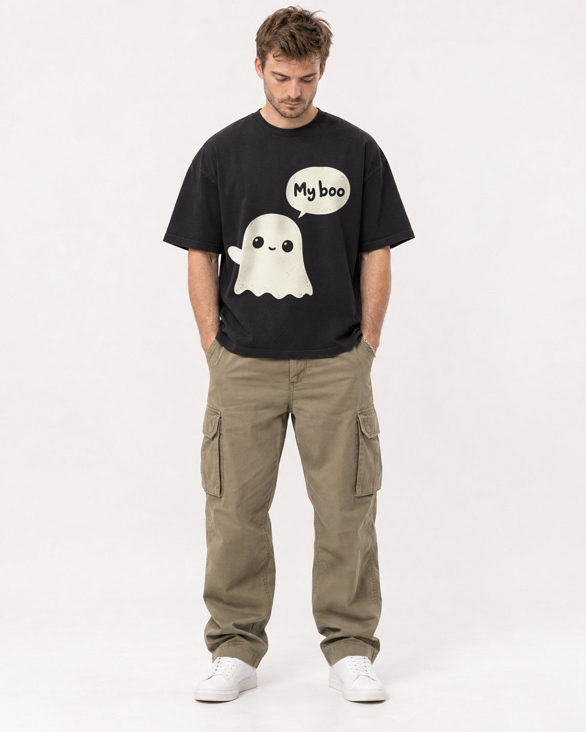 Mockup Boxy Heavyweight Tee Black male full-body 08