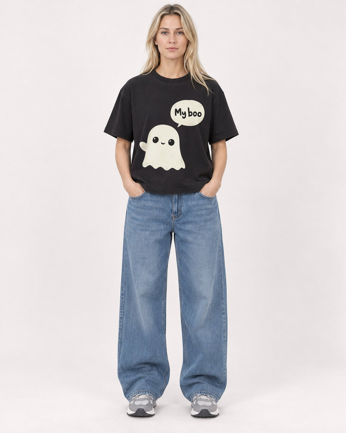 Mockup Boxy Heavyweight Tee Black female full-body 08