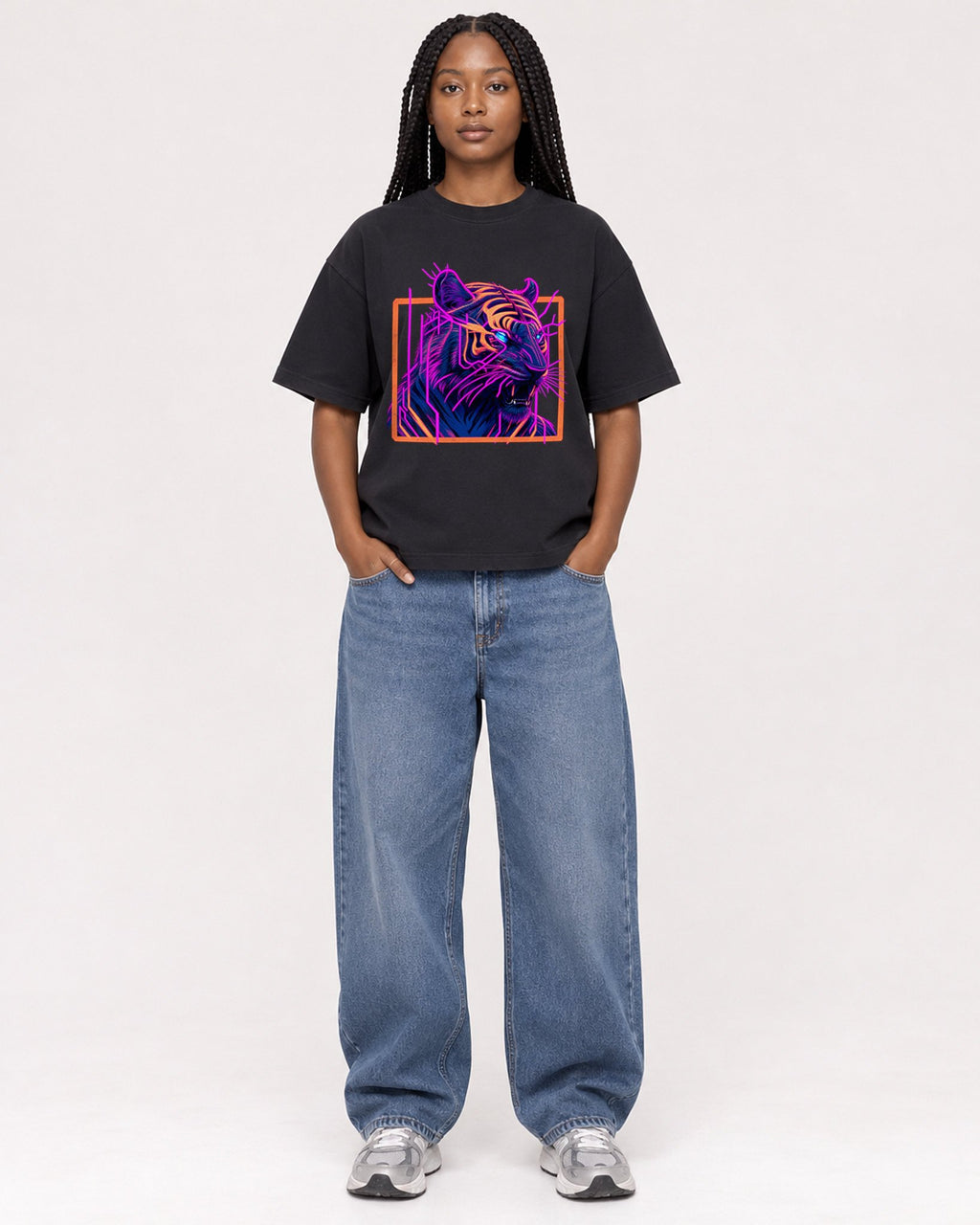 Mockup Boxy Heavyweight Tee Black female full-body 04