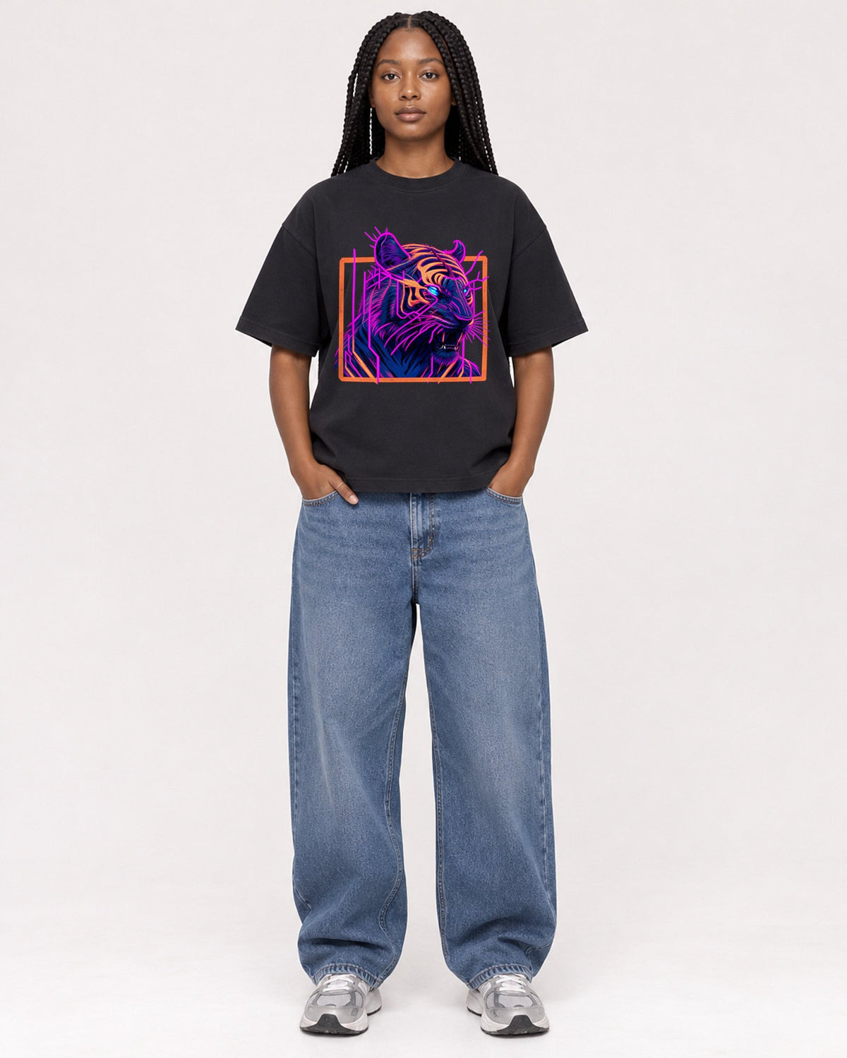 Mockup Boxy Heavyweight Tee Black female full-body 04