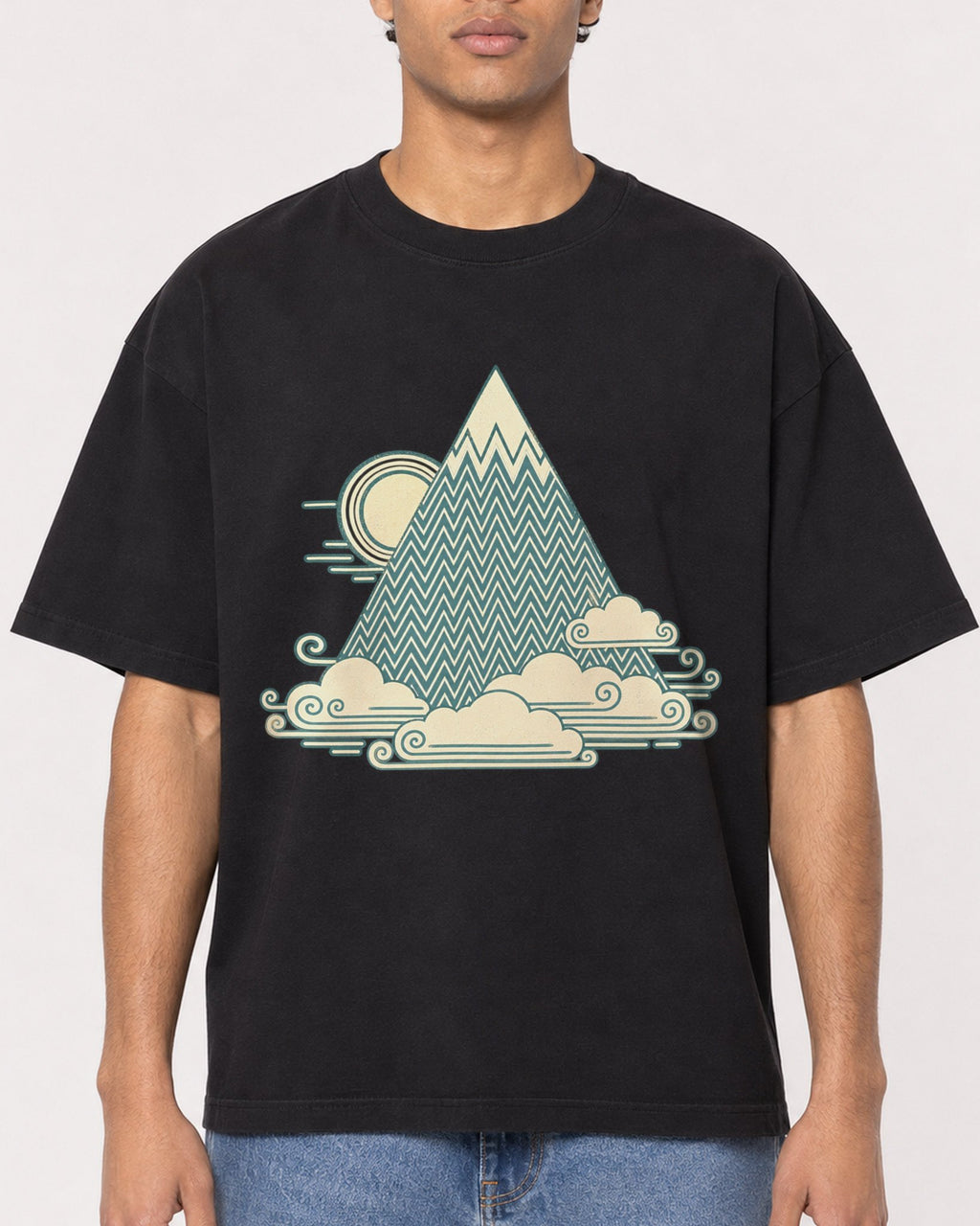 Mockup Boxy Heavyweight Tee Black male close-up 10