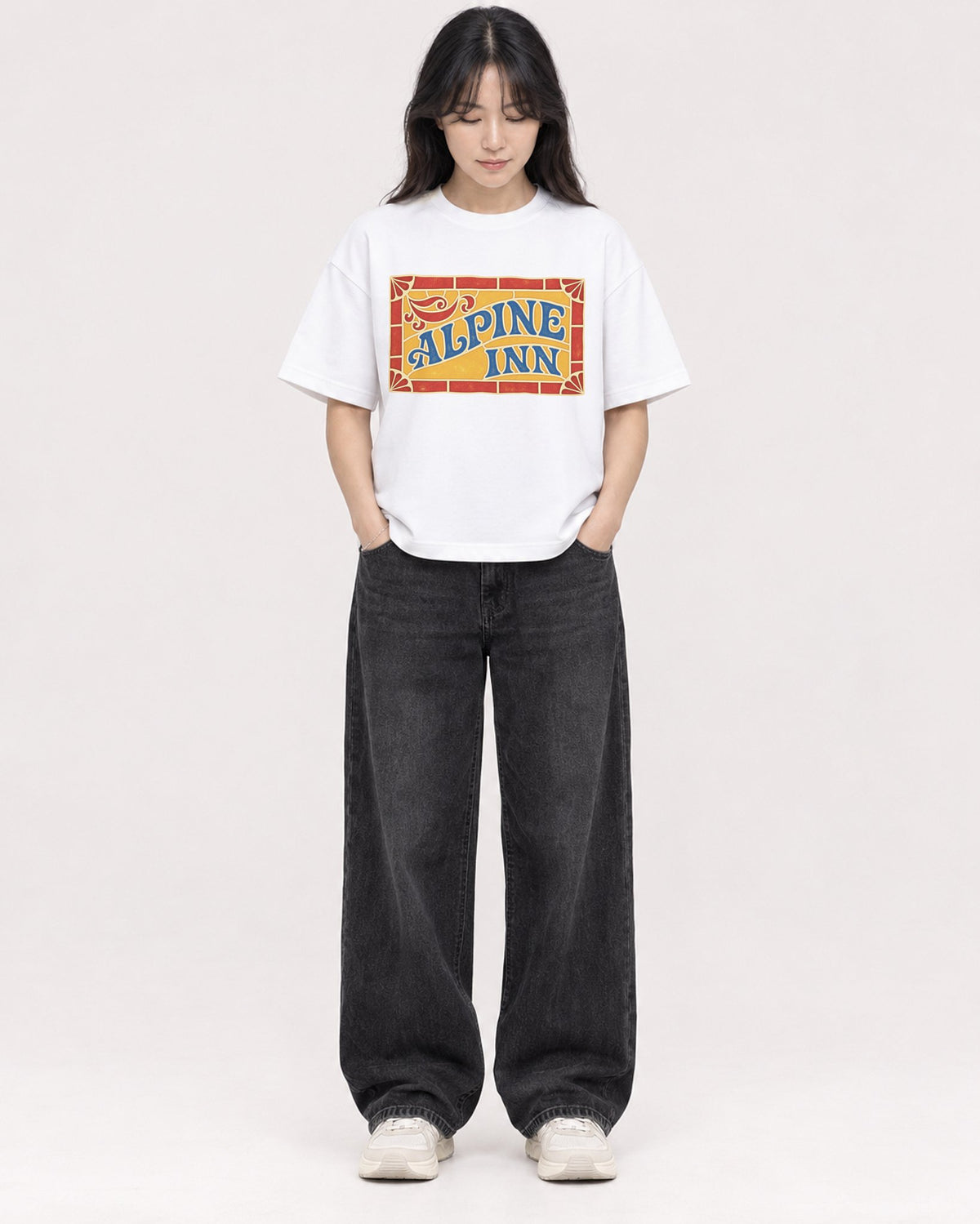 Mockup Boxy Heavyweight Tee White female full-body 13