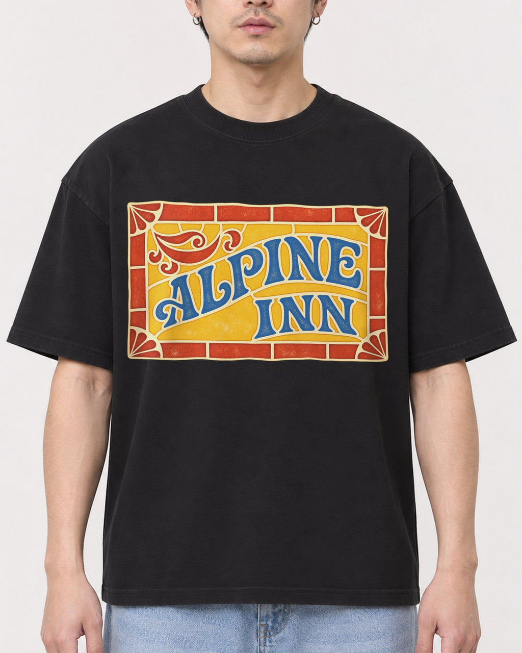 Mockup Boxy Heavyweight Tee Black male close-up 13