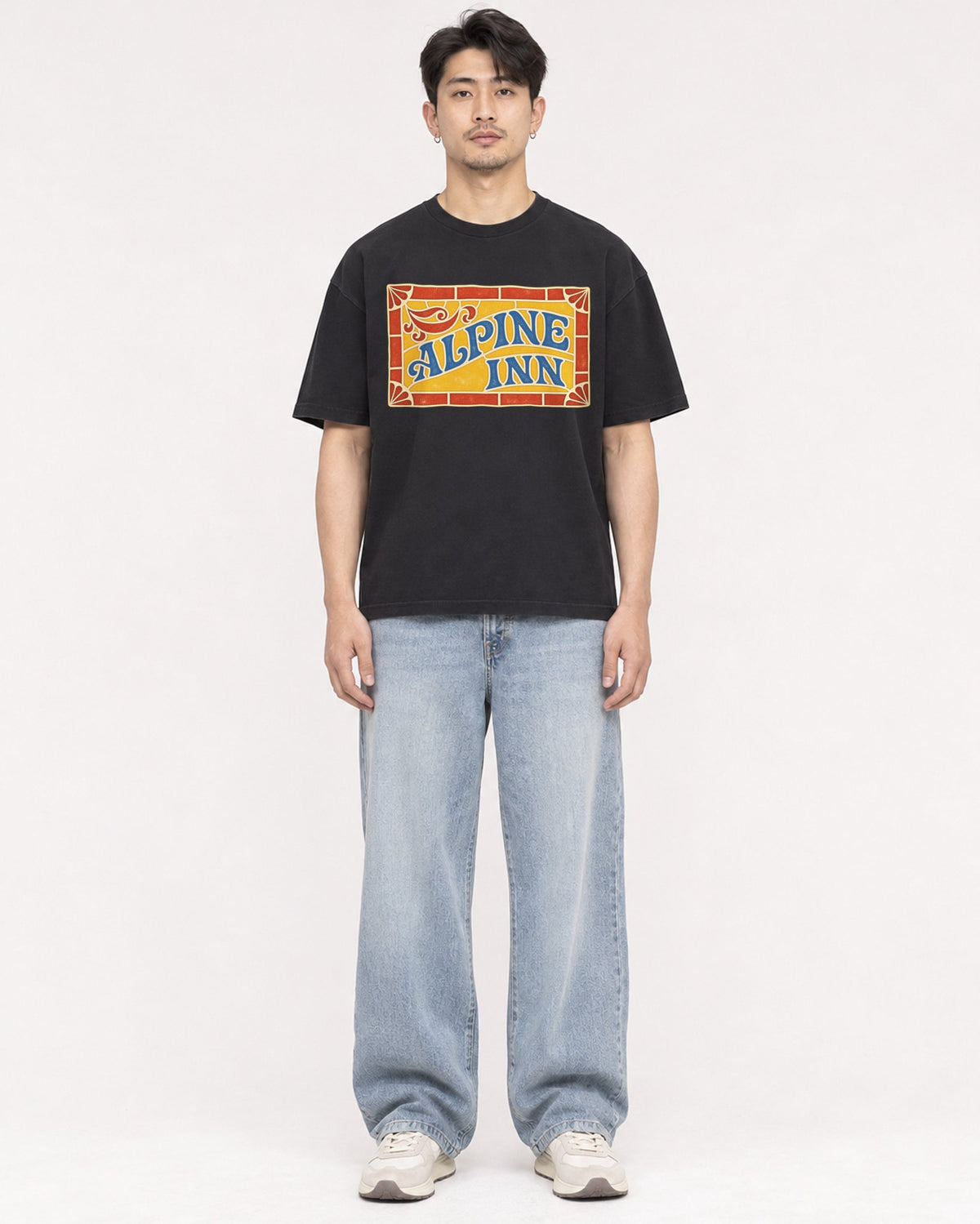 Mockup Boxy Heavyweight Tee Black male full-body 13