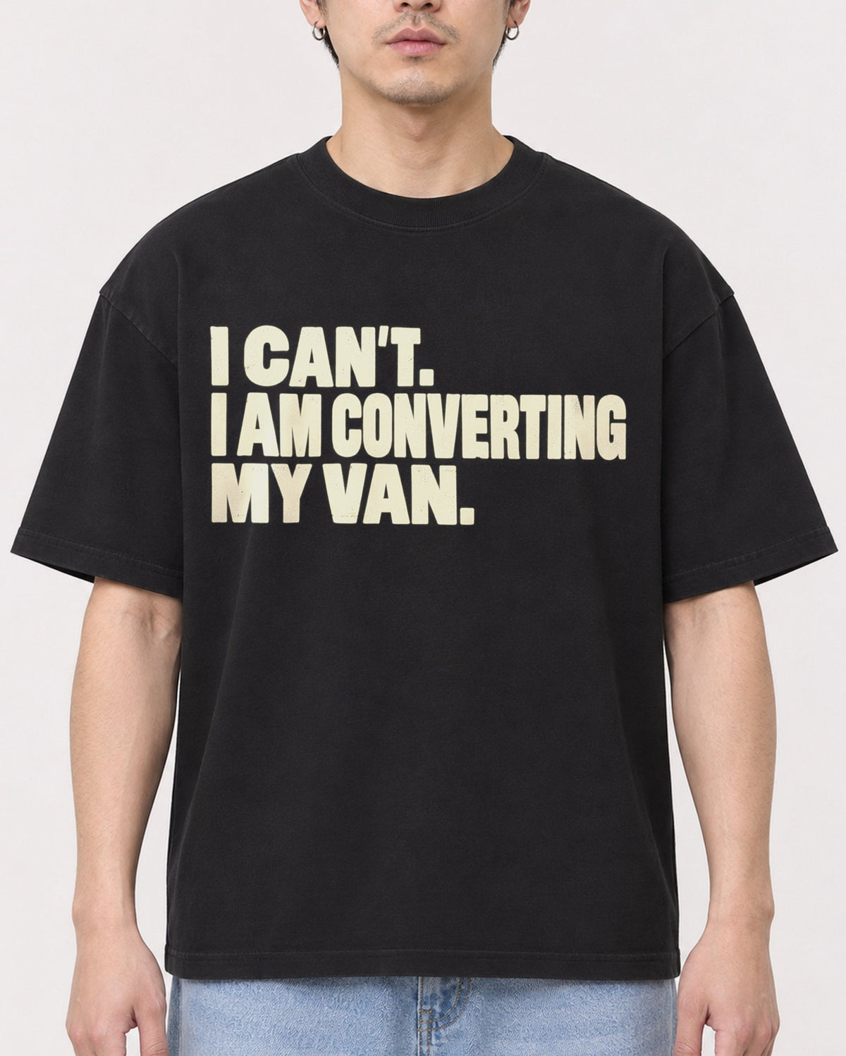 Mockup Boxy Heavyweight Tee Black male close-up 13