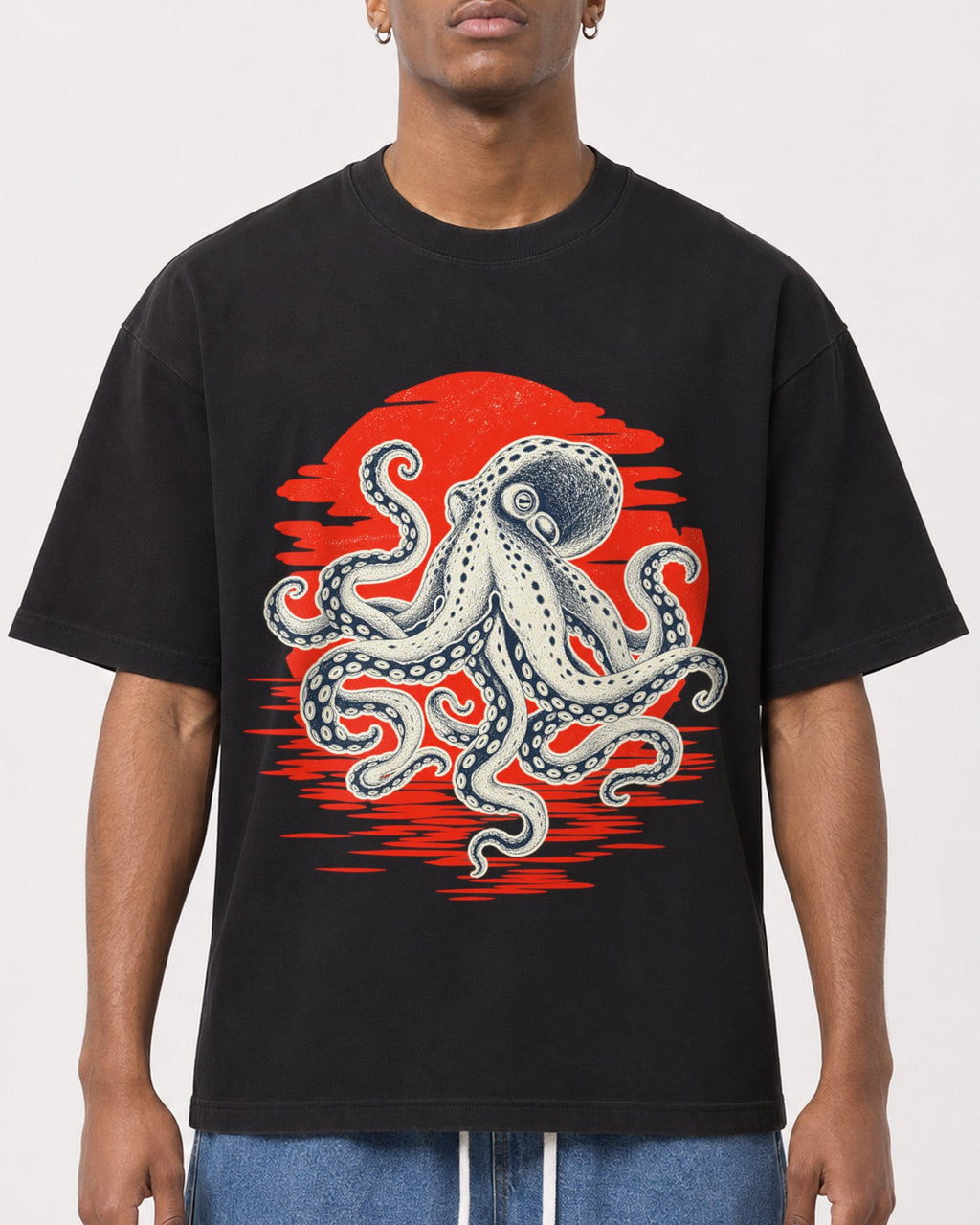 Mockup Boxy Heavyweight Tee Black male close-up 15