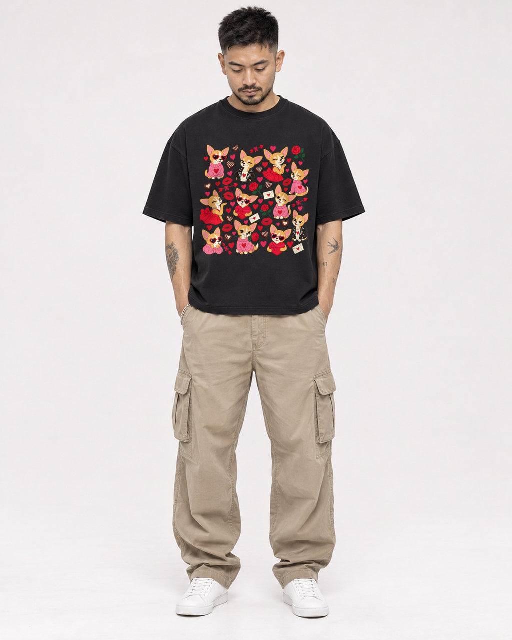 Mockup Boxy Heavyweight Tee Black male full-body 12
