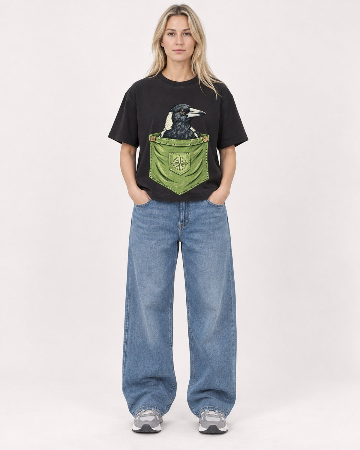 Mockup Boxy Heavyweight Tee Black female full-body 08