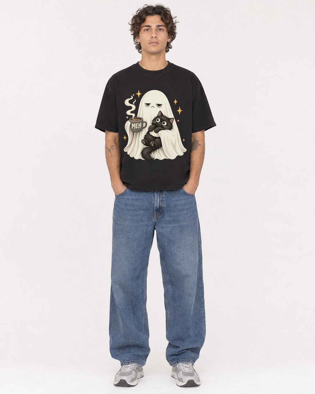 Mockup Boxy Heavyweight Tee Black male full-body 30