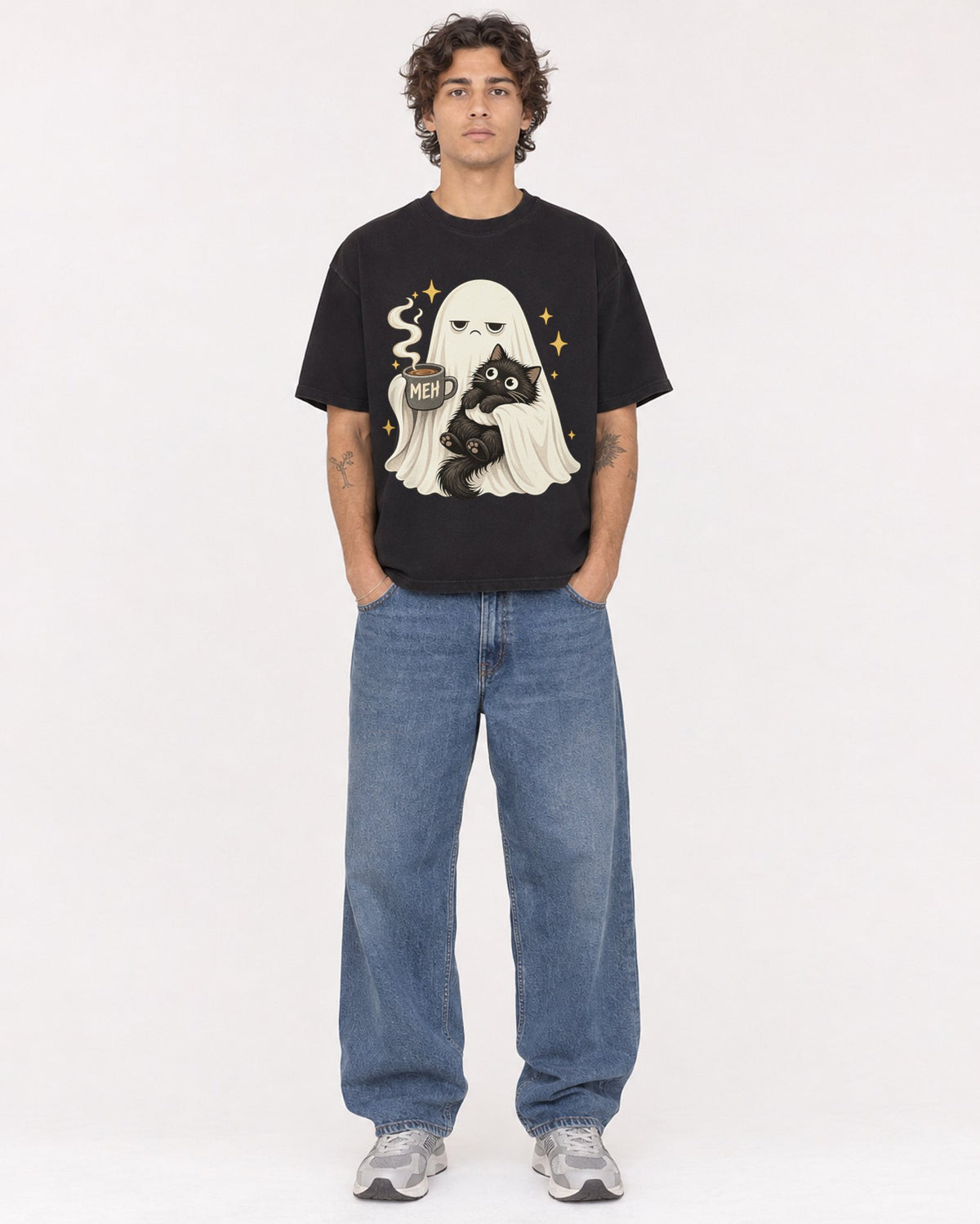 Mockup Boxy Heavyweight Tee Black male full-body 30