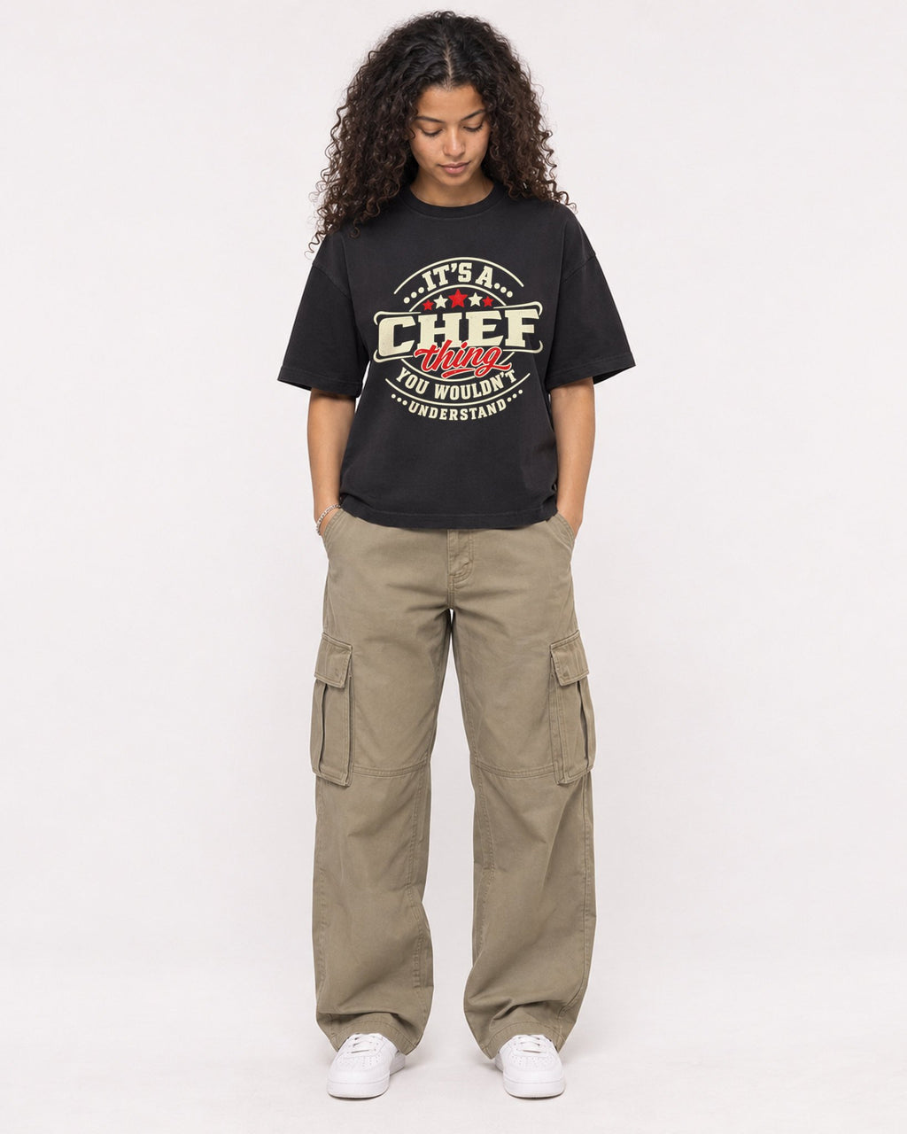 Mockup Boxy Heavyweight Tee Black female full-body 10