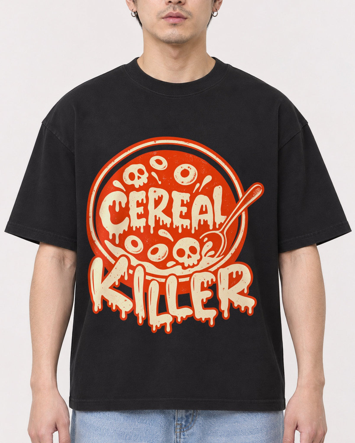 Mockup Boxy Heavyweight Tee Black male close-up 13
