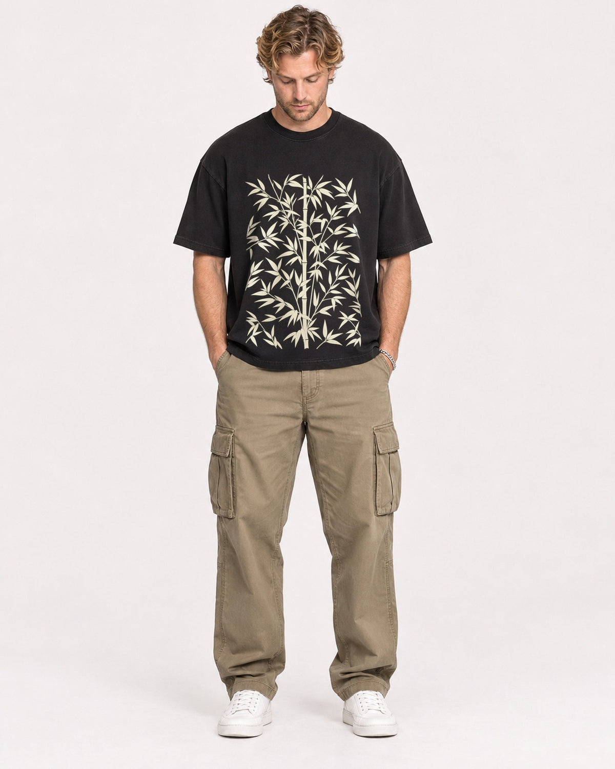 Mockup Boxy Heavyweight Tee Black male full-body 28