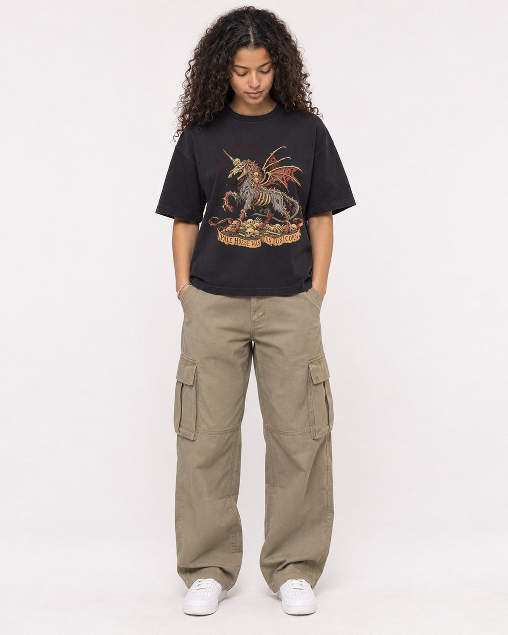 Mockup Boxy Heavyweight Tee Black female full-body 10