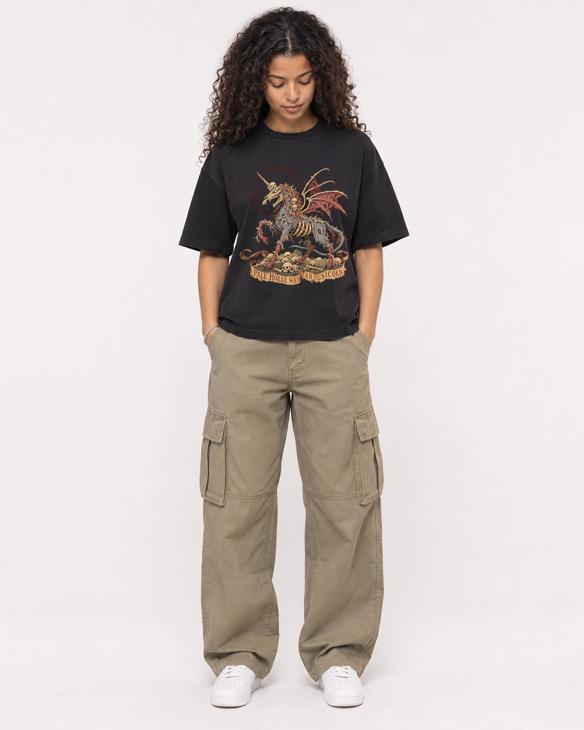 Mockup Boxy Heavyweight Tee Black female full-body 10