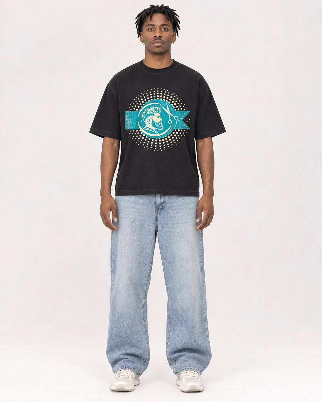 Mockup Boxy Heavyweight Tee Black male full-body 05