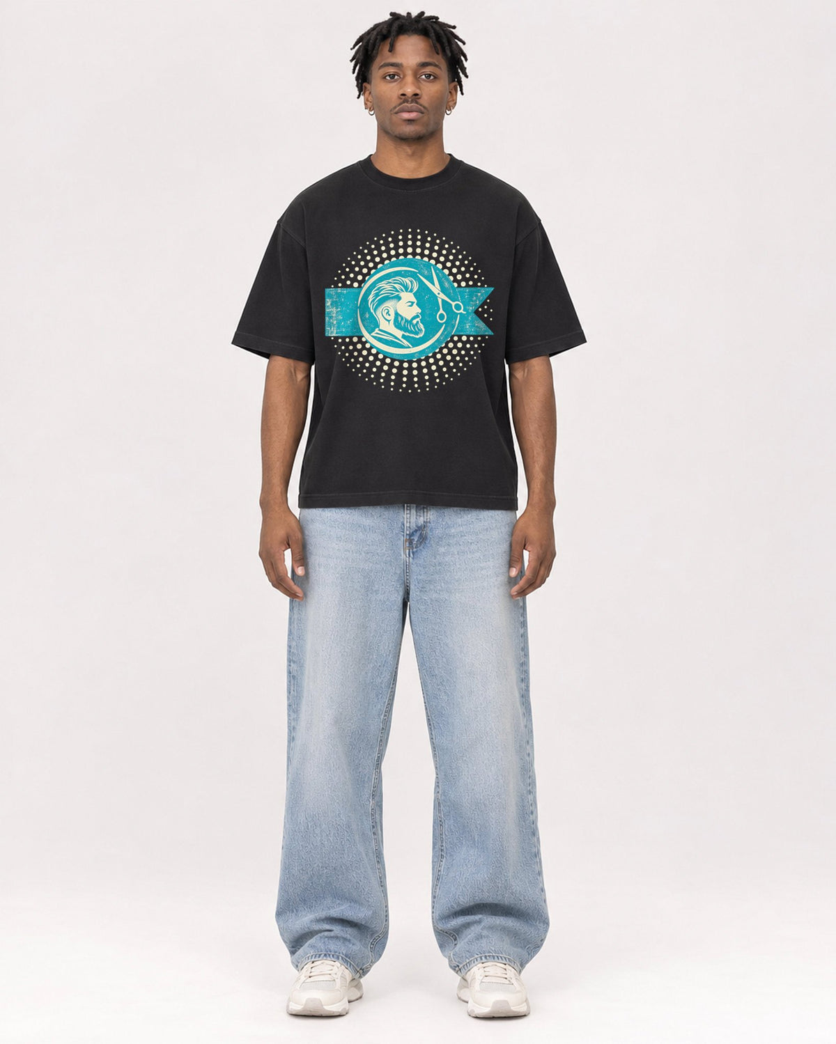 Mockup Boxy Heavyweight Tee Black male full-body 05