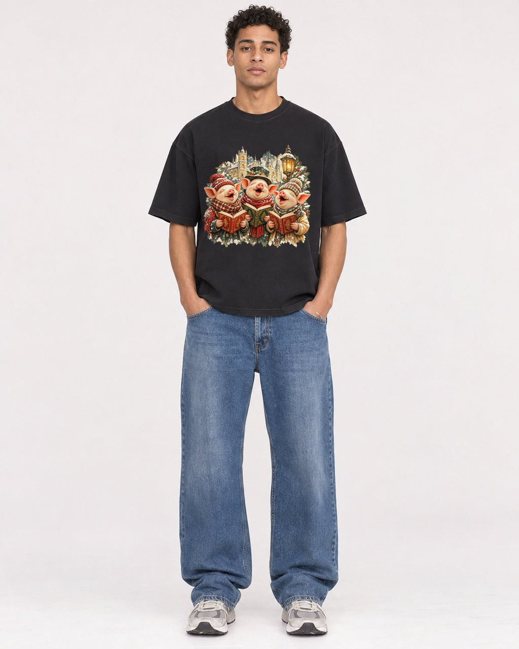 Mockup Boxy Heavyweight Tee Black male full-body 10