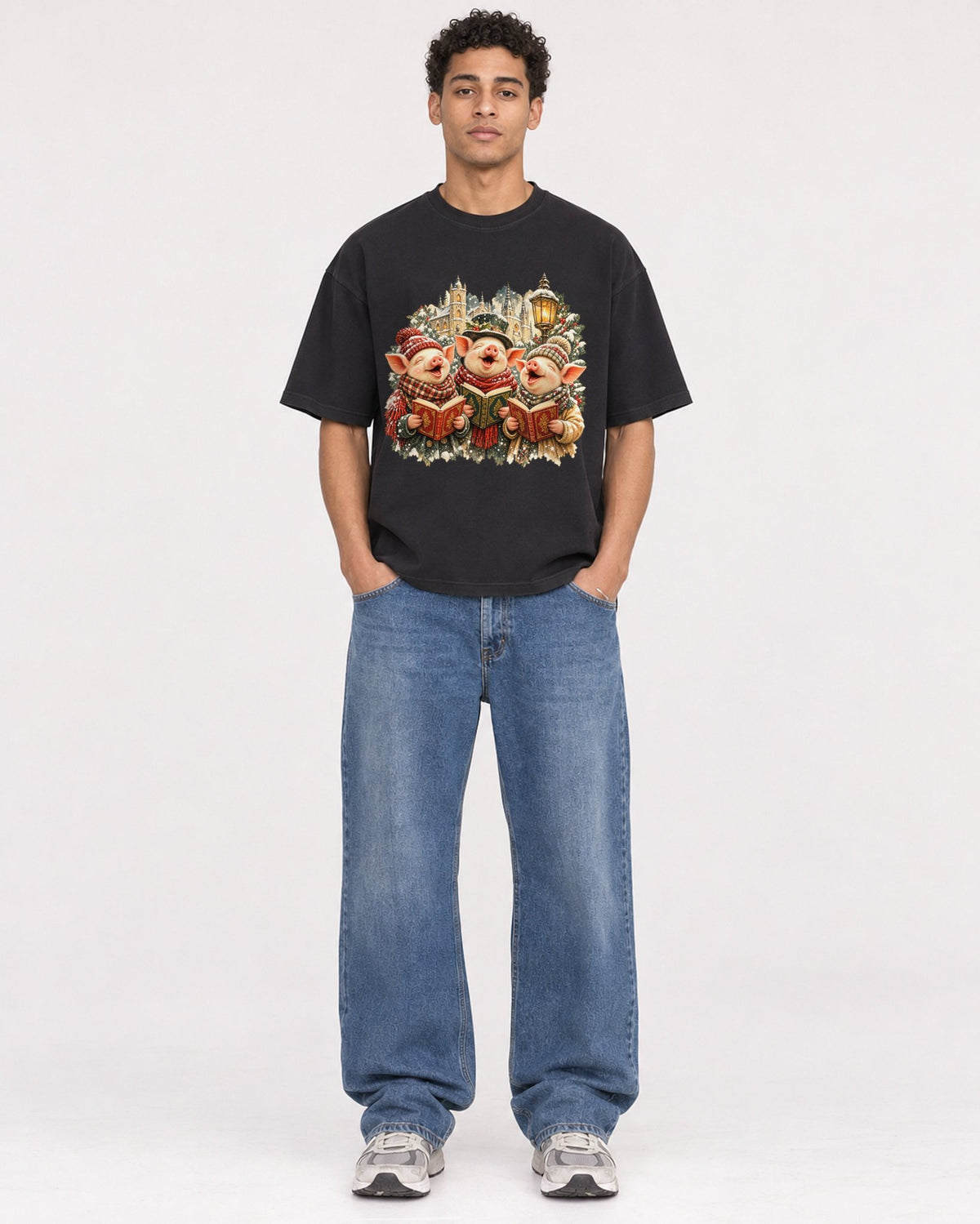 Mockup Boxy Heavyweight Tee Black male full-body 10