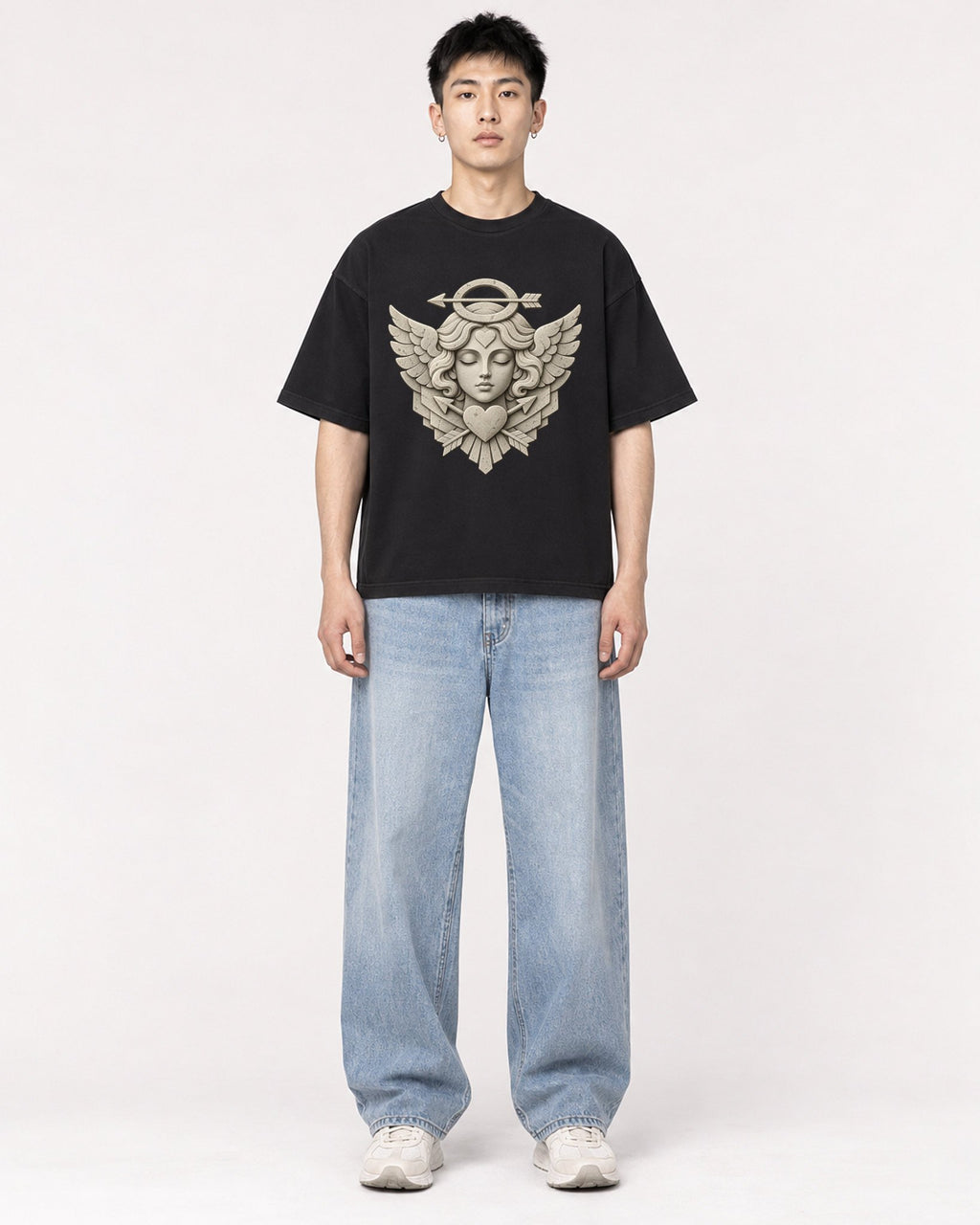 Mockup Boxy Heavyweight Tee Black male full-body 21