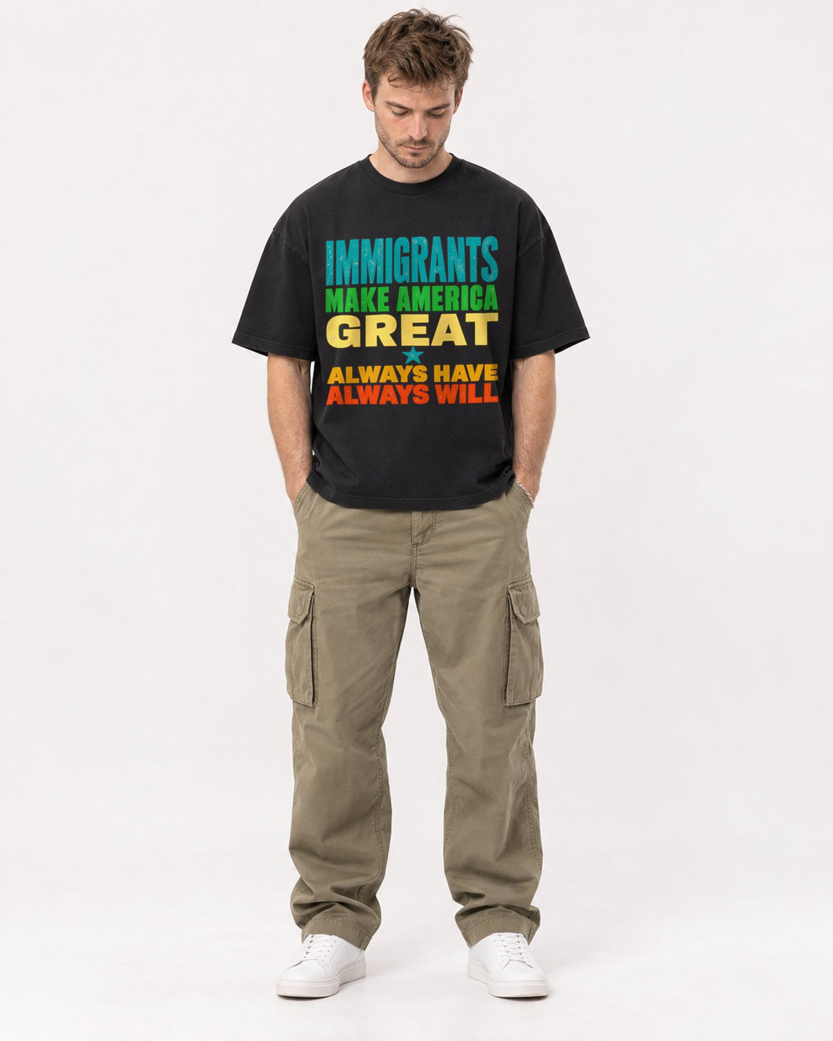 Mockup Boxy Heavyweight Tee Black male full-body 08