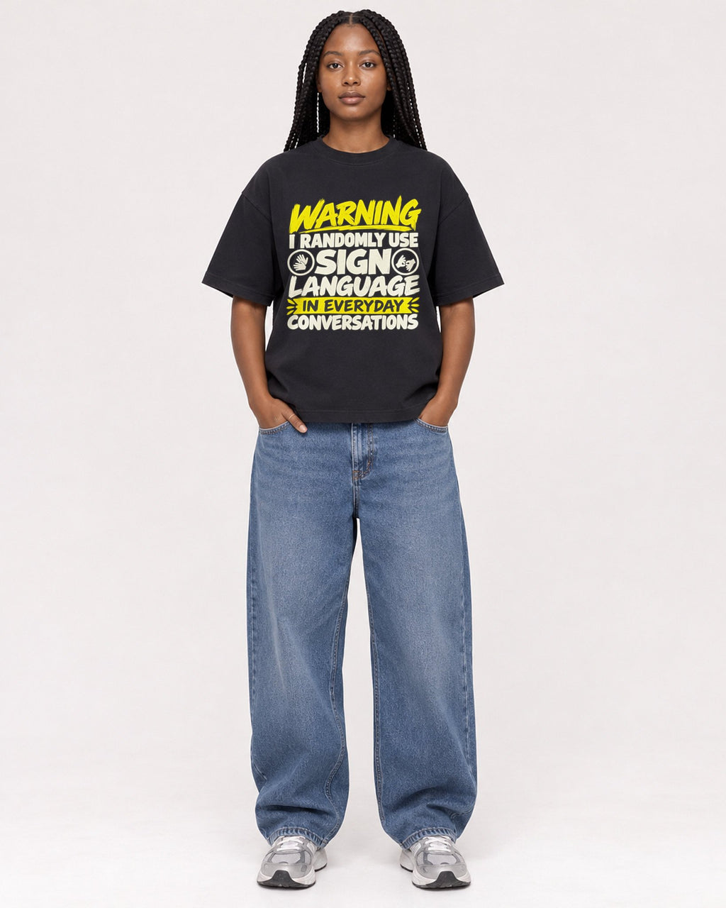 Mockup Boxy Heavyweight Tee Black female full-body 04