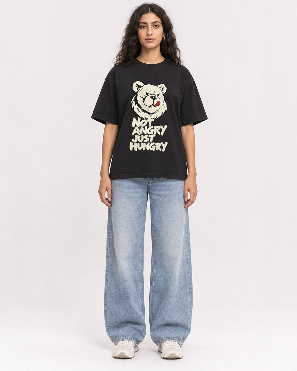 Mockup Boxy Heavyweight Tee Black female full-body 07