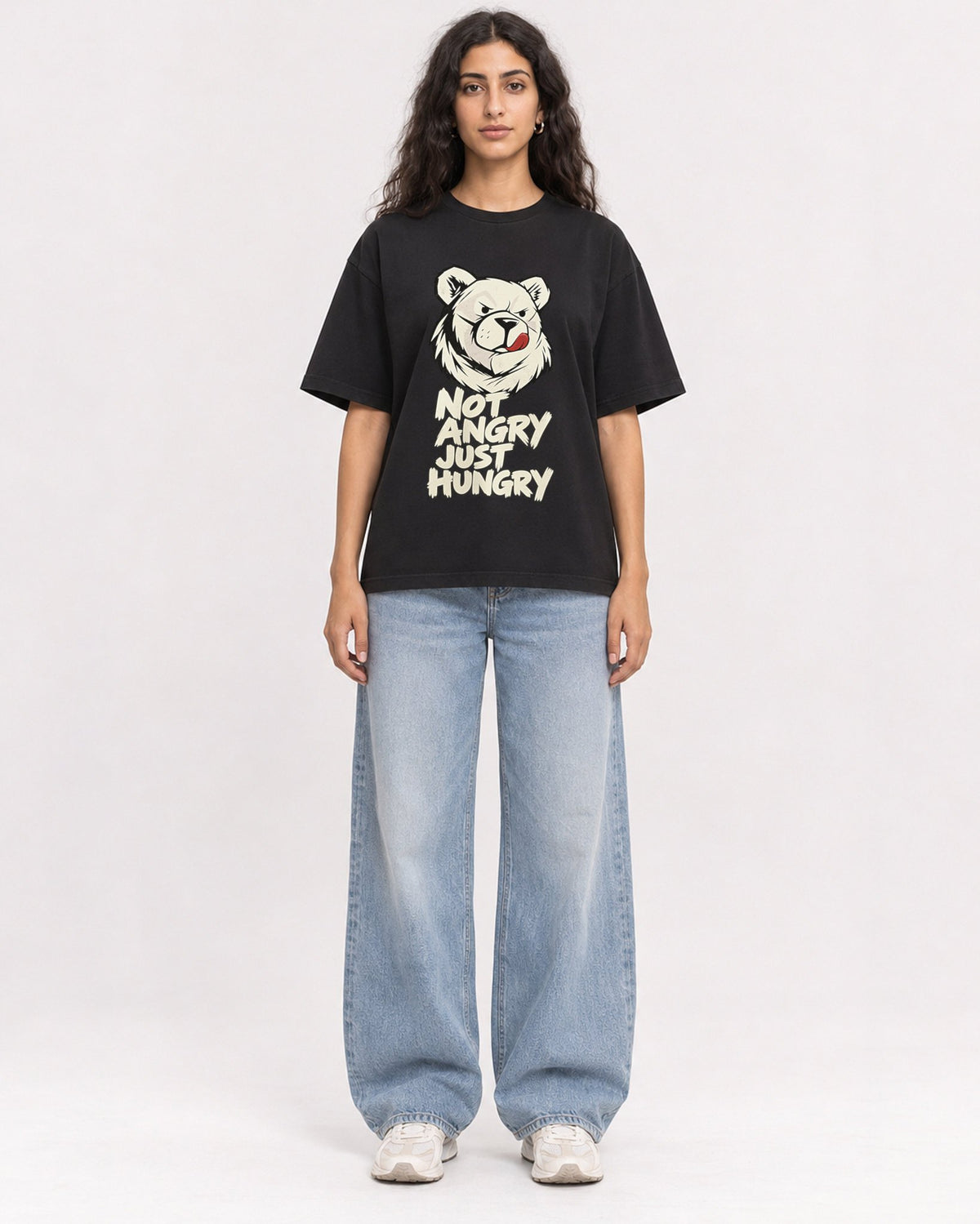 Mockup Boxy Heavyweight Tee Black female full-body 07