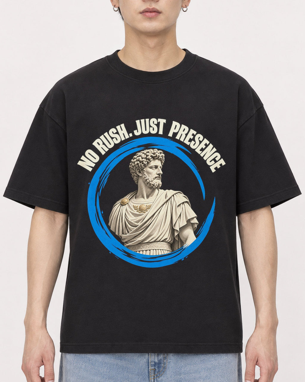 Mockup Boxy Heavyweight Tee Black male close-up 01