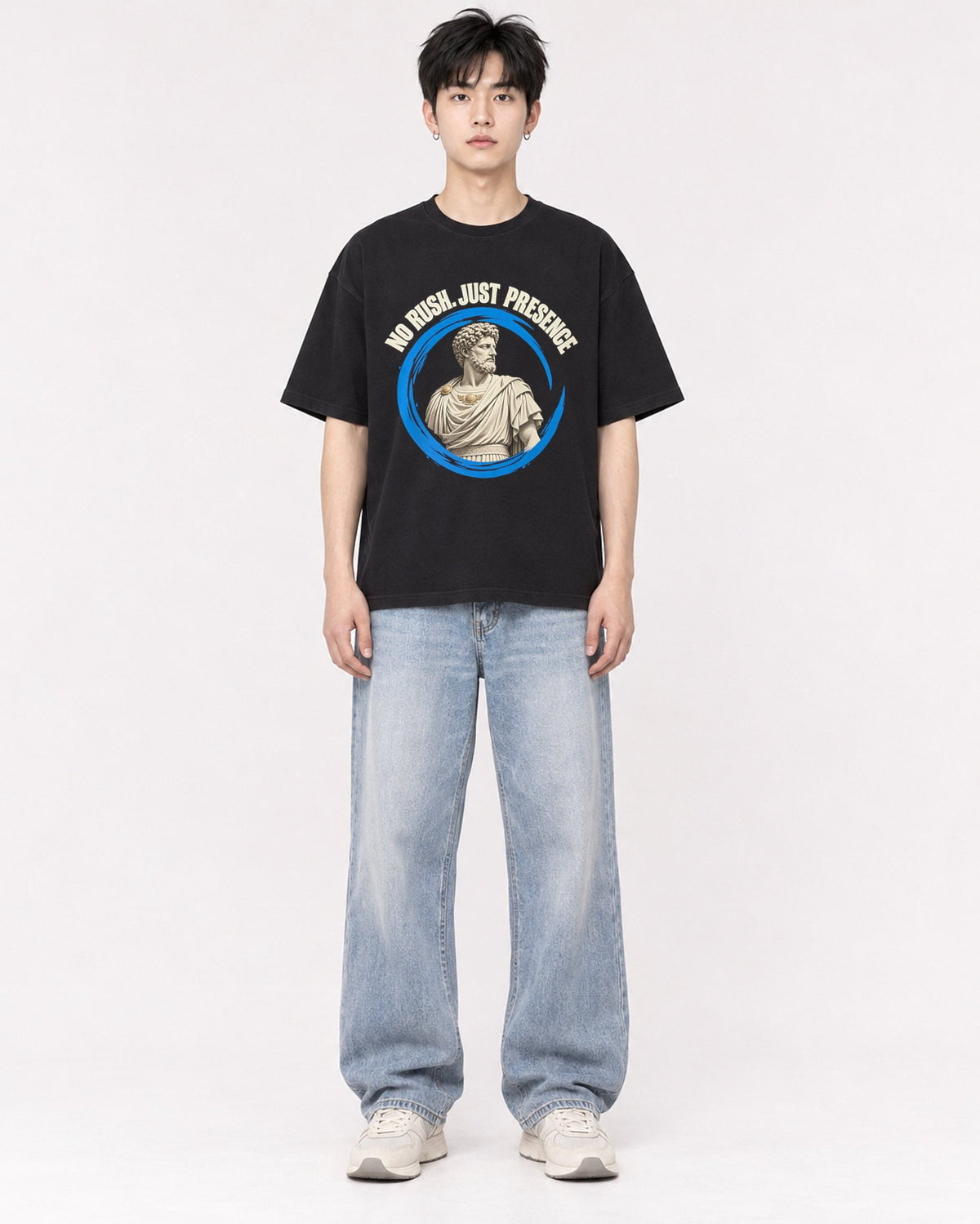 Mockup Boxy Heavyweight Tee Black male full-body 01