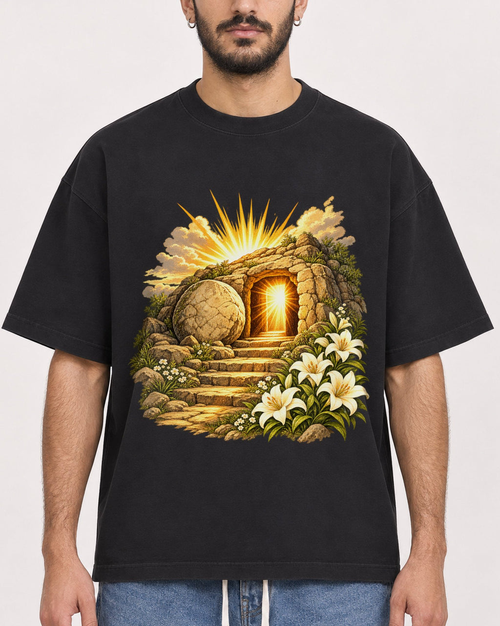 Mockup Boxy Heavyweight Tee Black male close-up 07