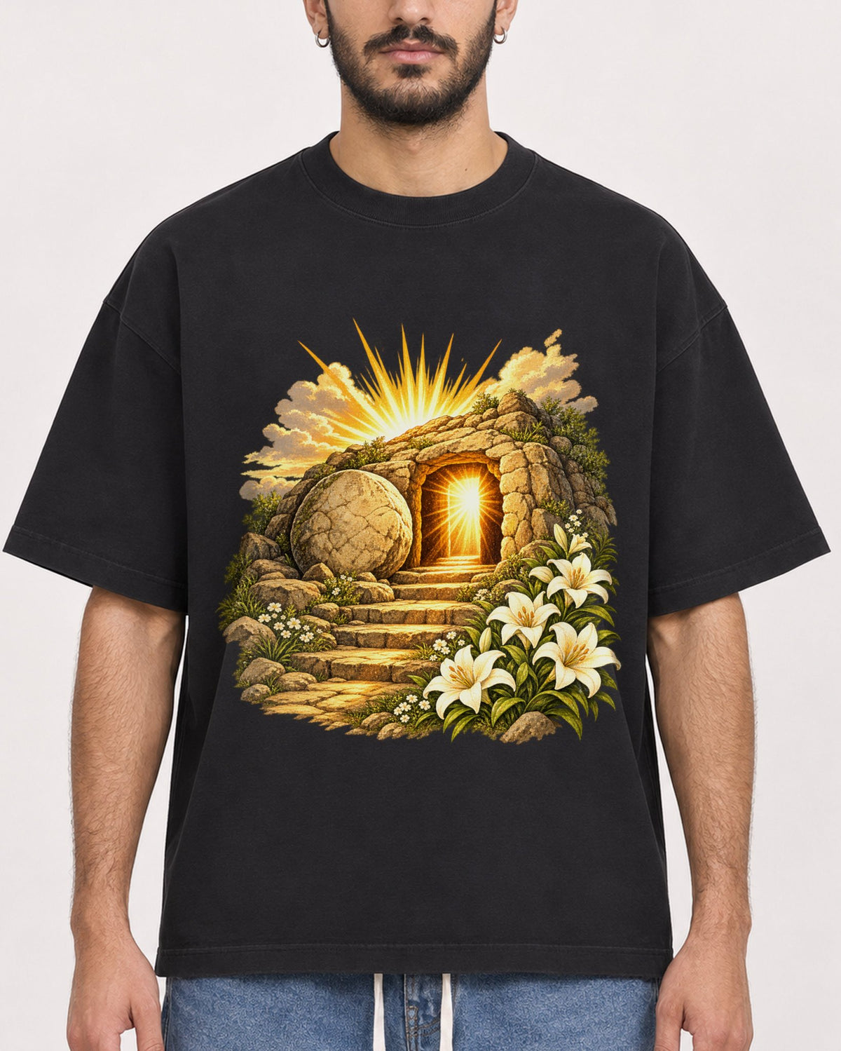 Mockup Boxy Heavyweight Tee Black male close-up 07