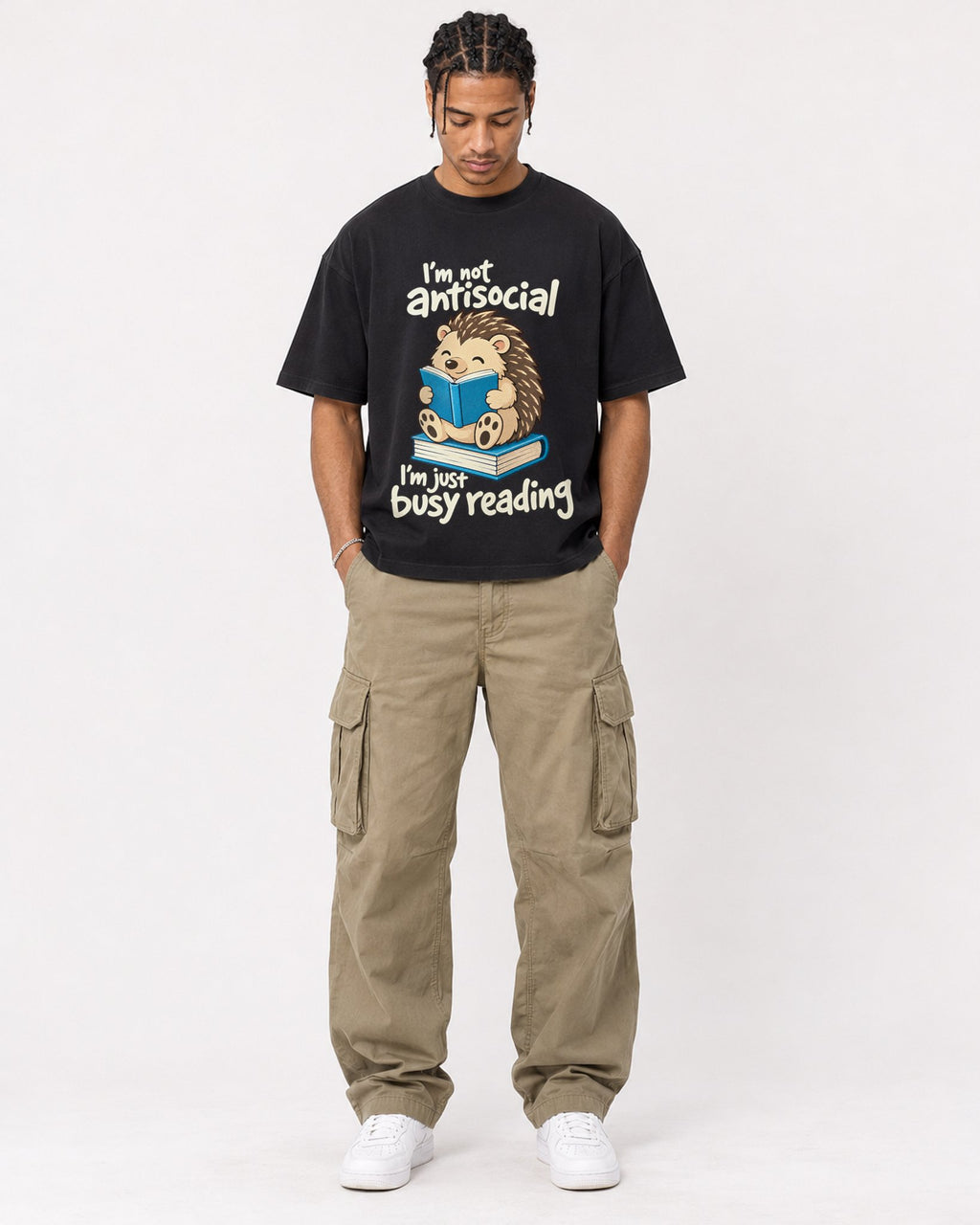 Mockup Boxy Heavyweight Tee Black male full-body 40