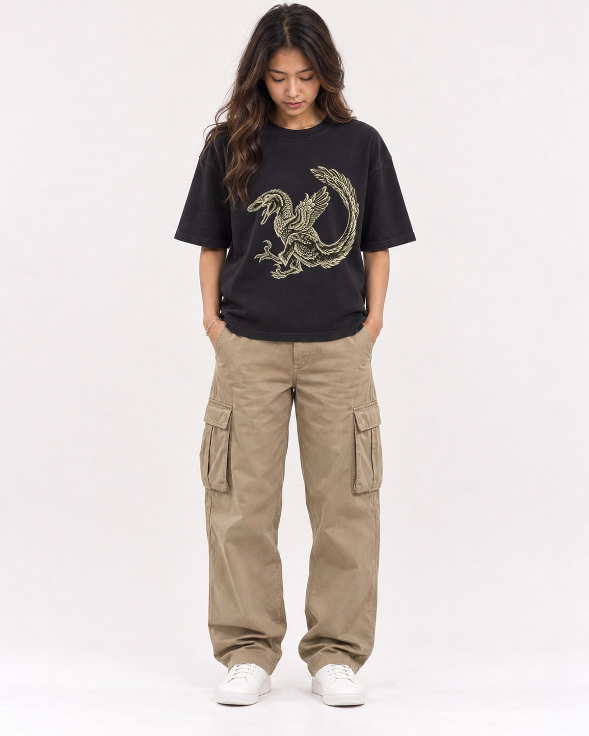 Mockup Boxy Heavyweight Tee Black female full-body 02