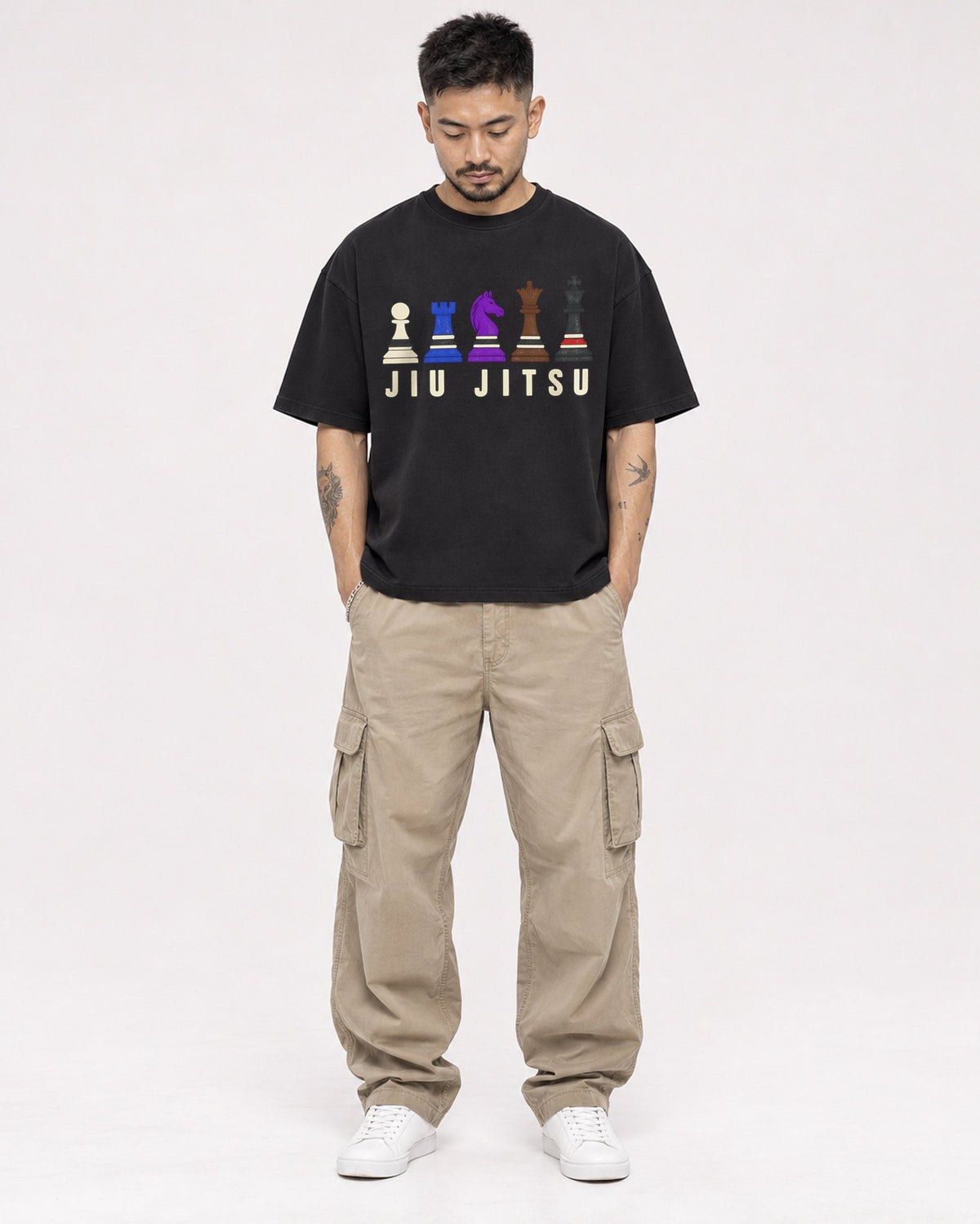 Mockup Boxy Heavyweight Tee Black male full-body 12