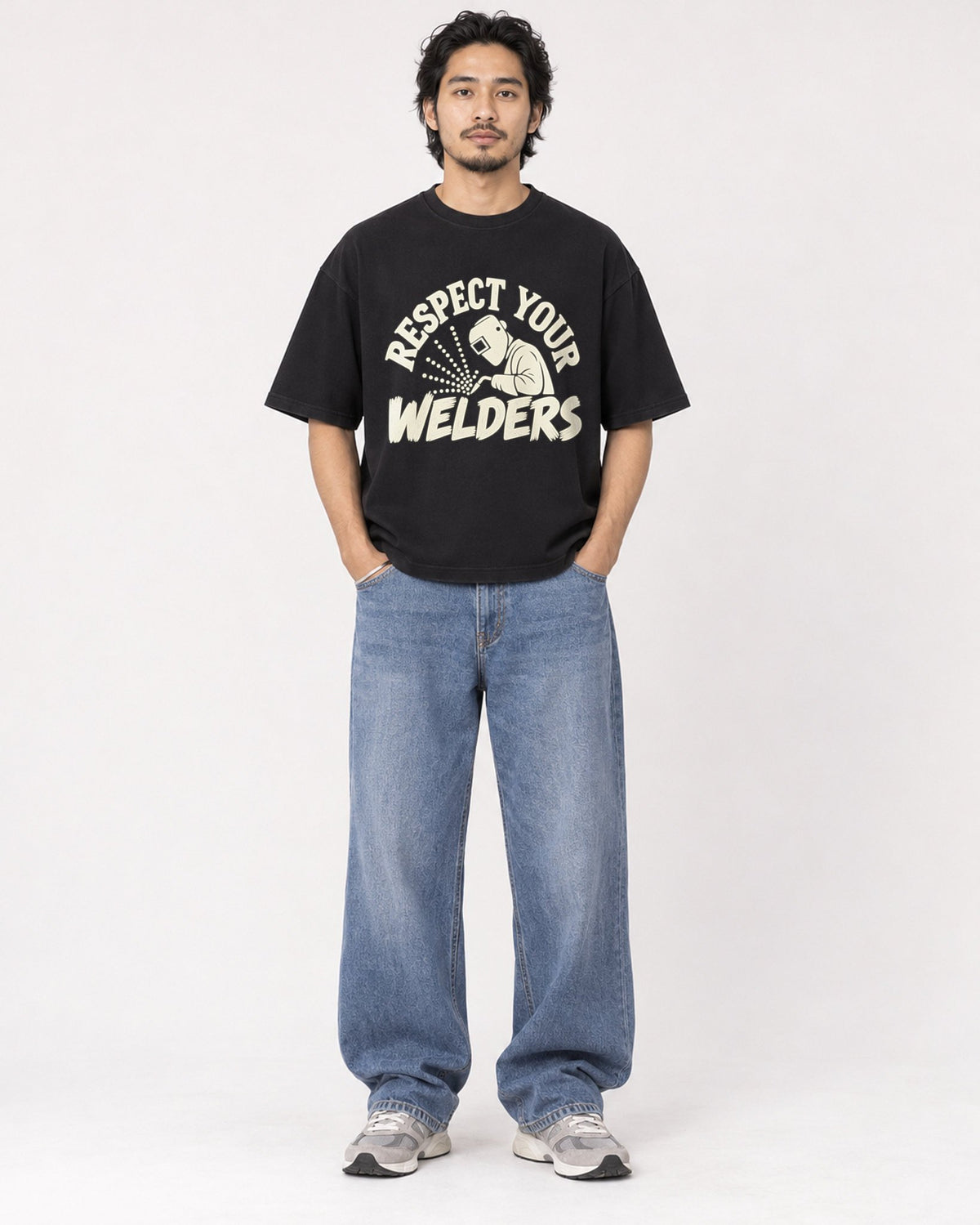 Mockup Boxy Heavyweight Tee Black male full-body 22