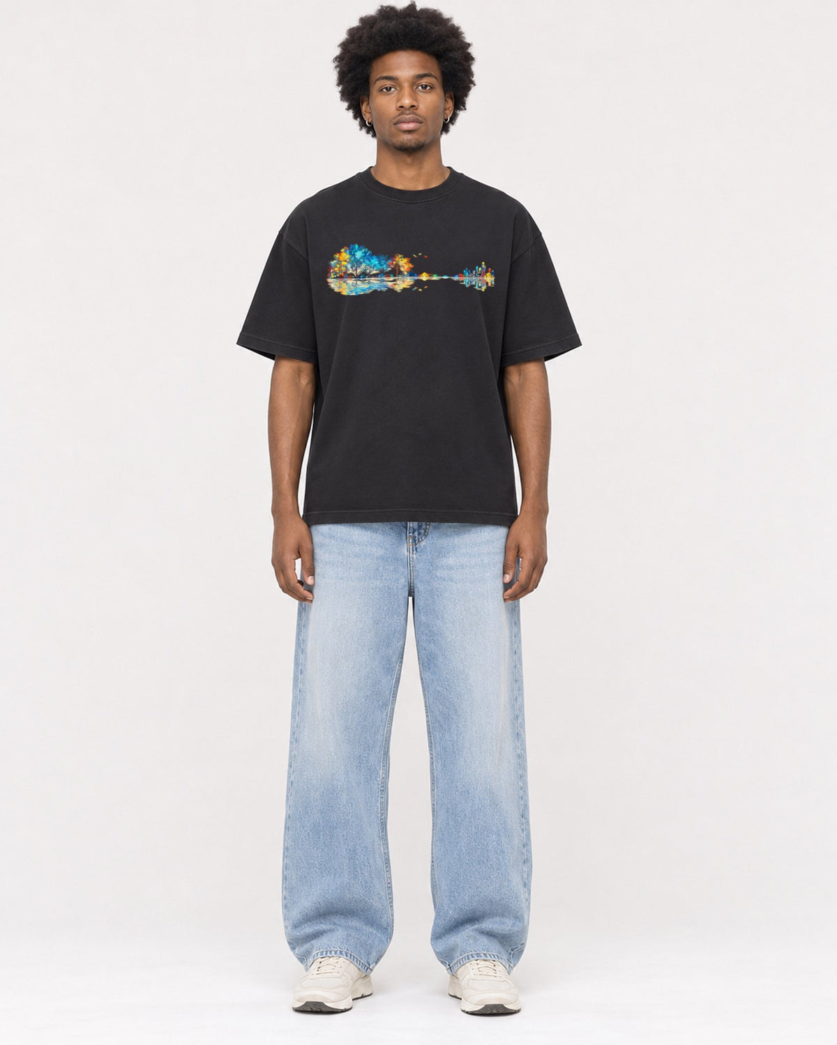 Mockup Boxy Heavyweight Tee Black male full-body 45