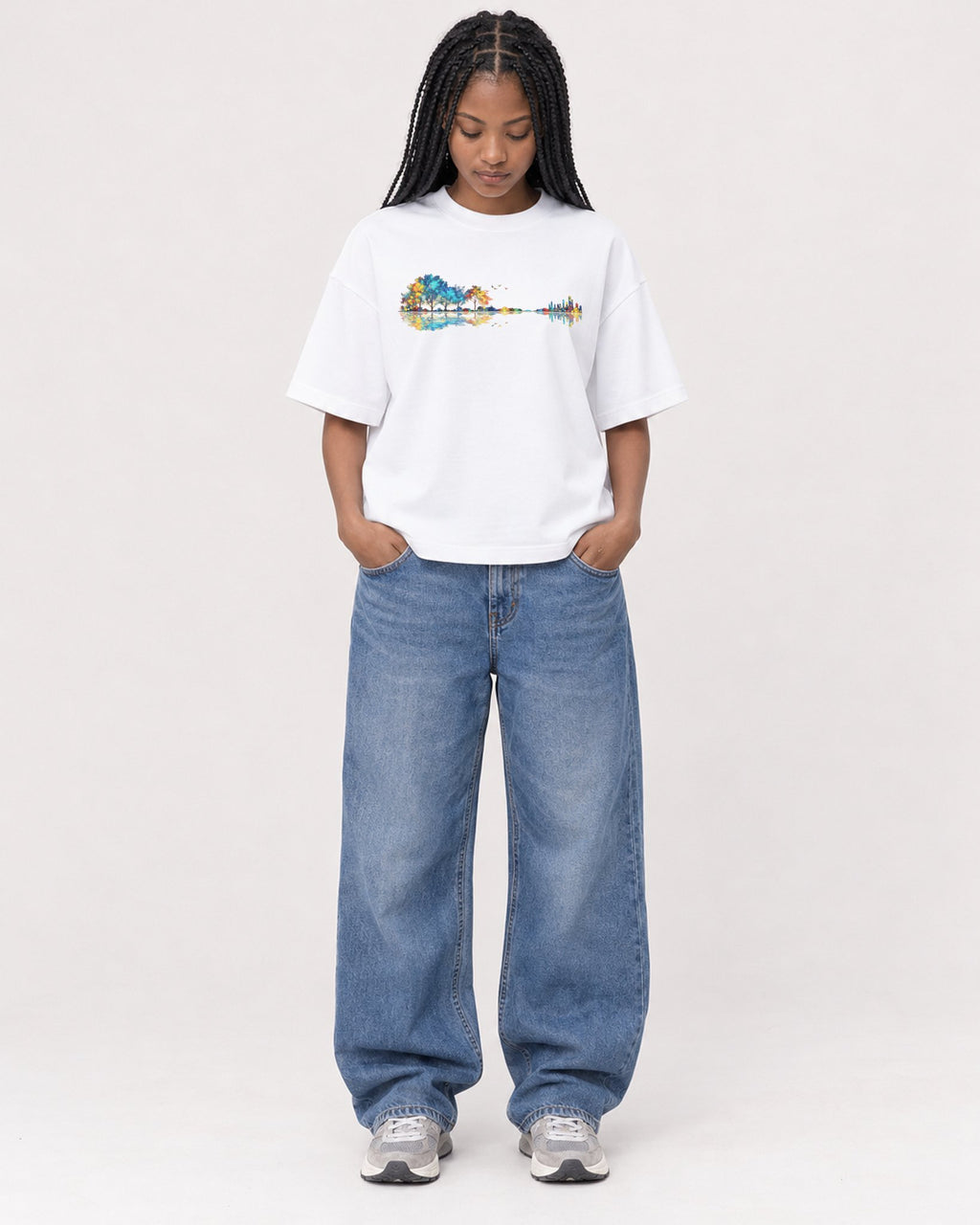 Mockup Boxy Heavyweight Tee White female full-body 45