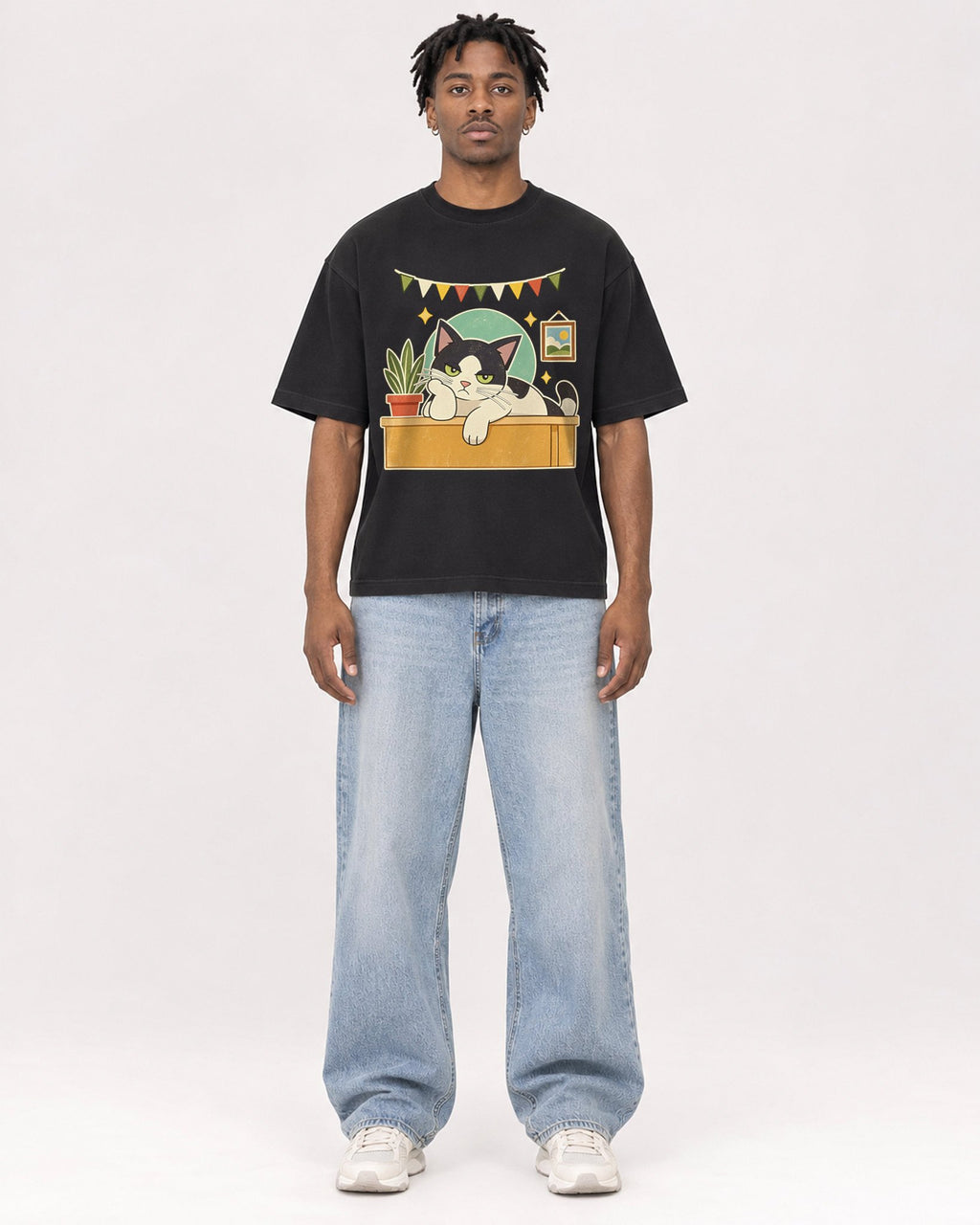 Mockup Boxy Heavyweight Tee Black male full-body 05