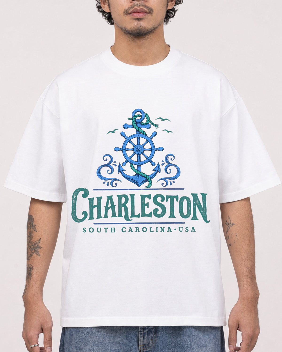 Mockup Boxy Heavyweight Tee White male close-up 42