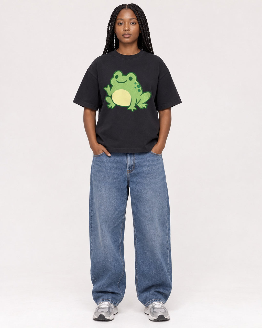 Mockup Boxy Heavyweight Tee Black female full-body 04