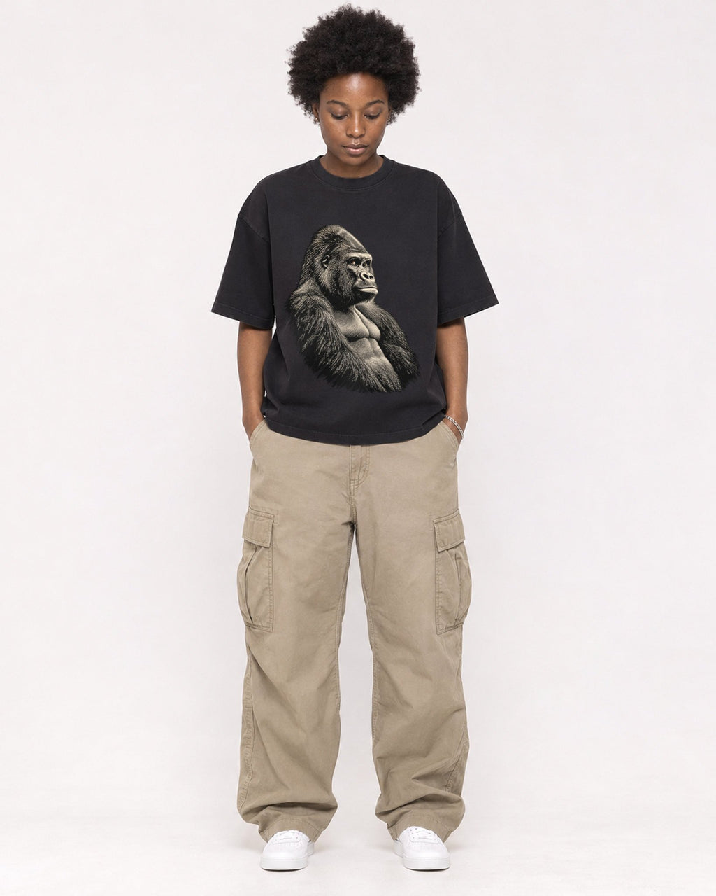 Mockup Boxy Heavyweight Tee Black female full-body 14