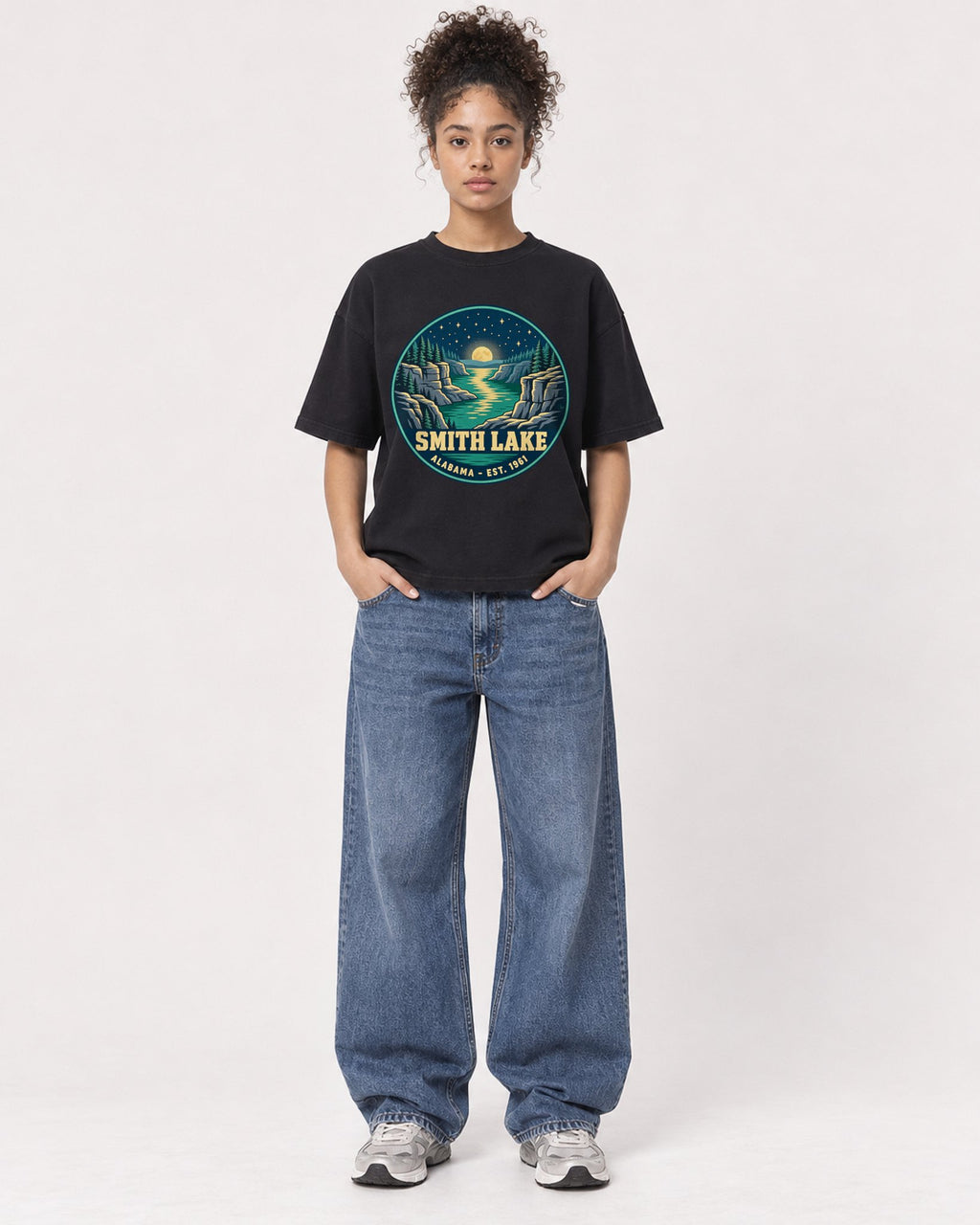 Mockup Boxy Heavyweight Tee Black female full-body 20