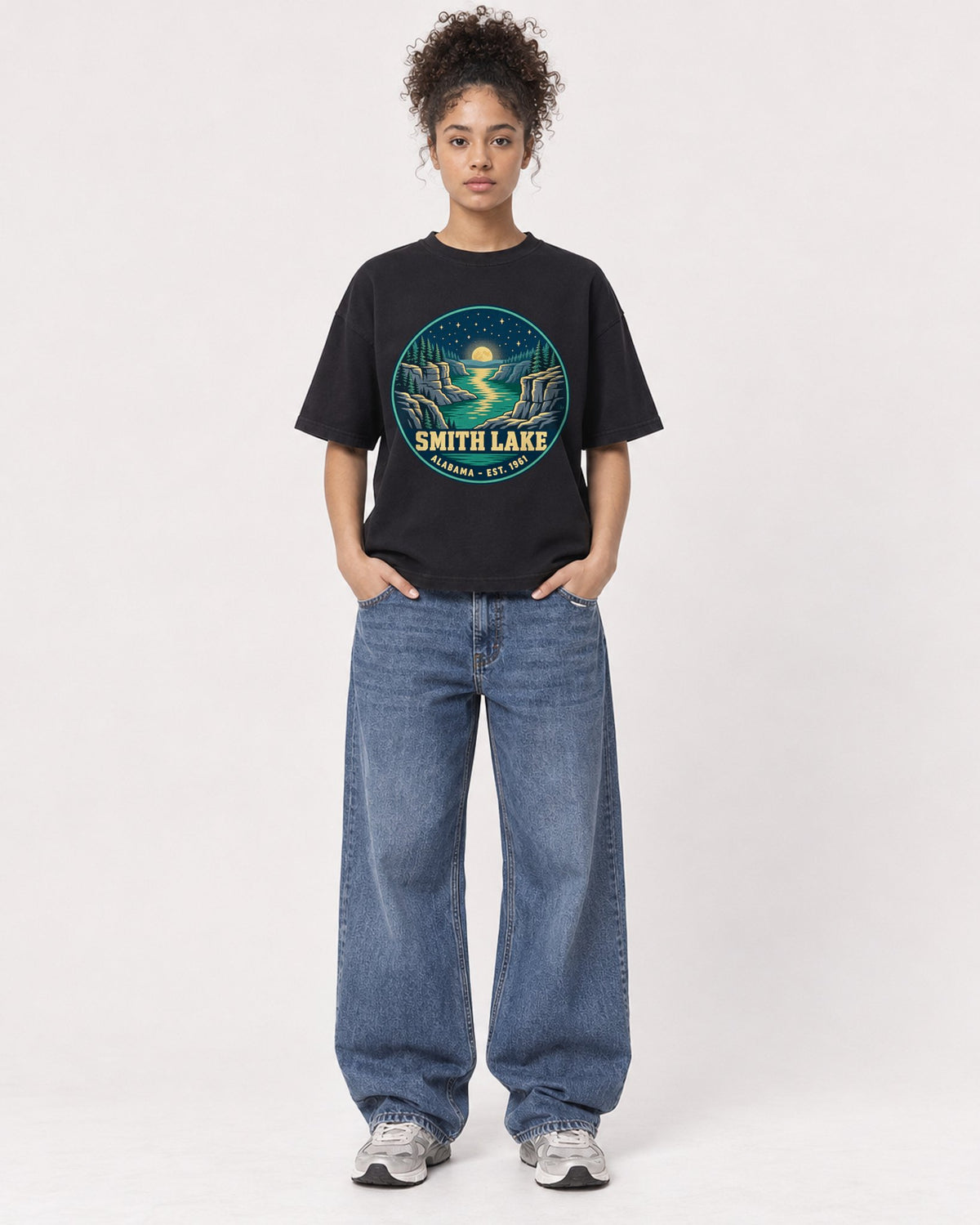 Mockup Boxy Heavyweight Tee Black female full-body 20