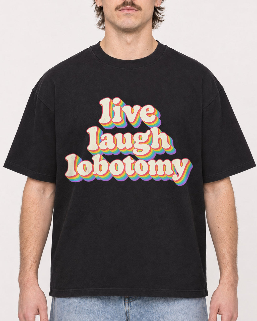 Mockup Boxy Heavyweight Tee Black male close-up 29