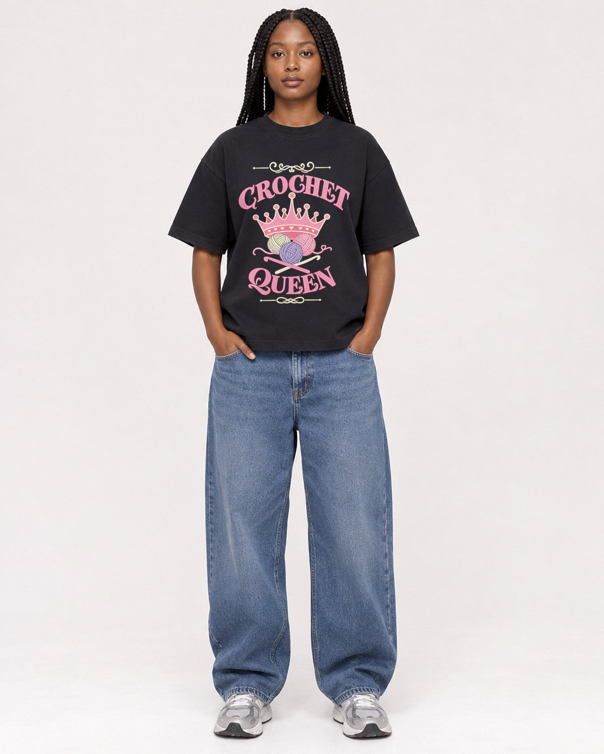 Mockup Boxy Heavyweight Tee Black female full-body 04