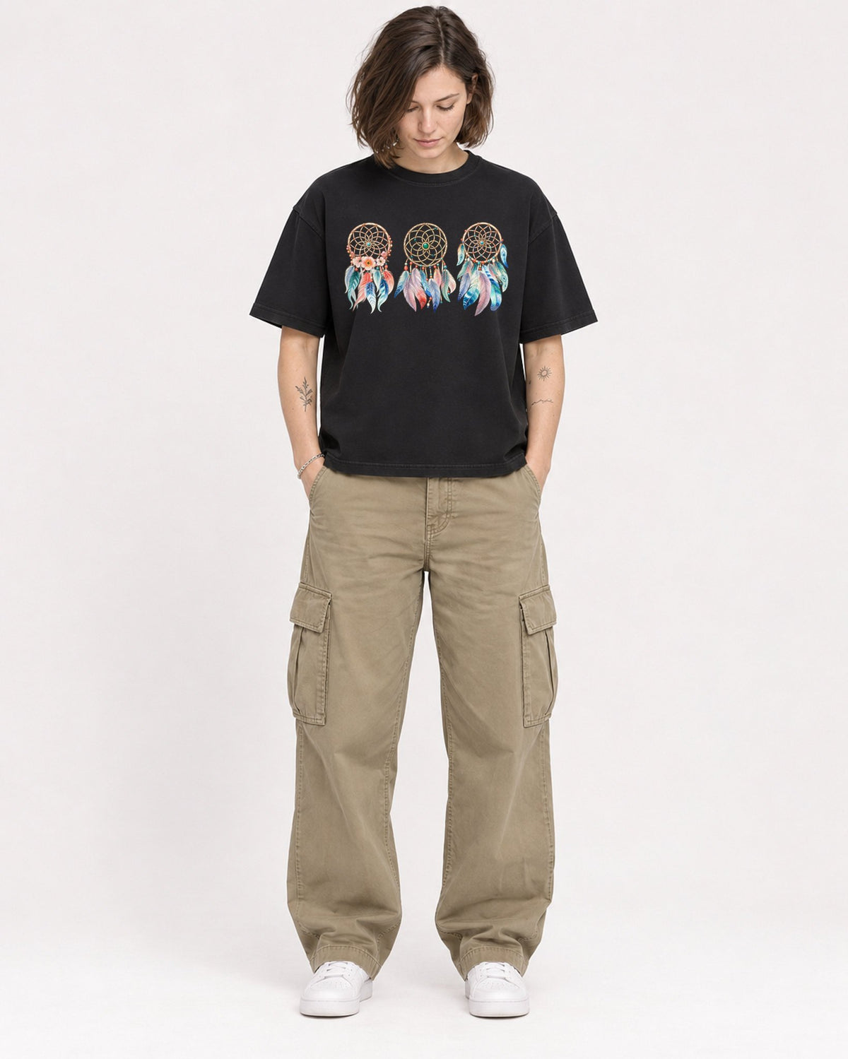 Mockup Boxy Heavyweight Tee Black female full-body 18