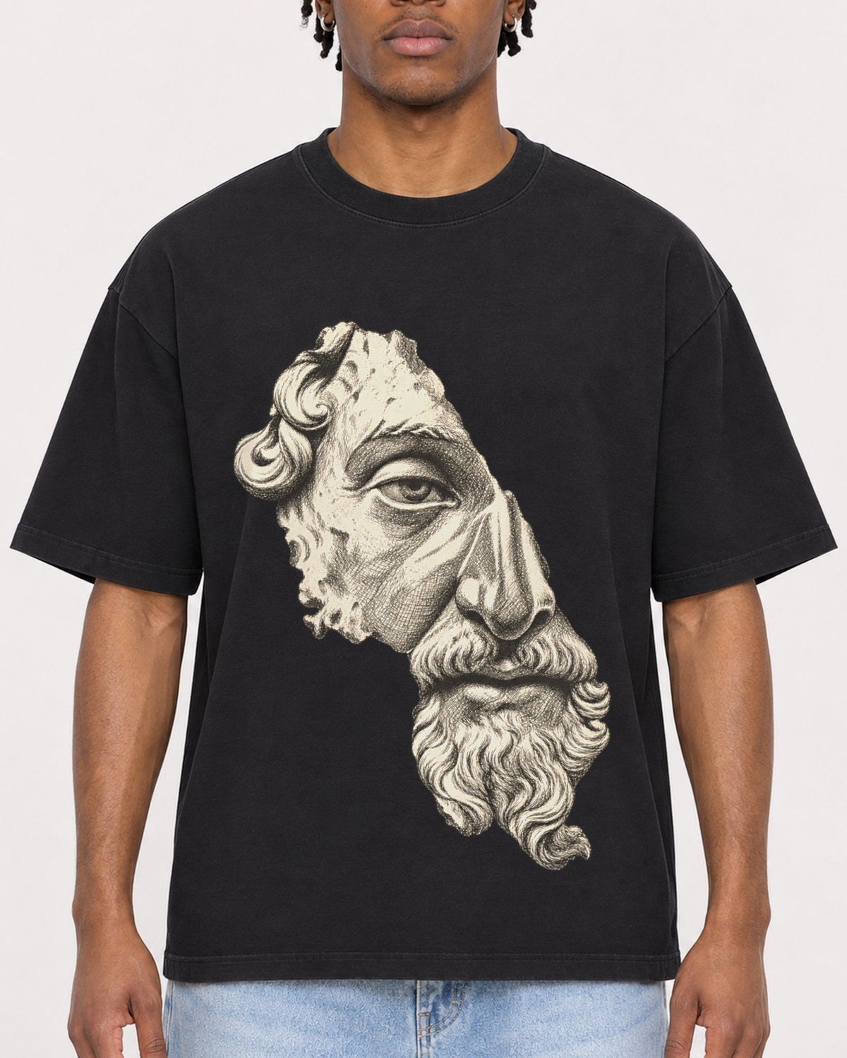 Mockup Boxy Heavyweight Tee Black male close-up 05